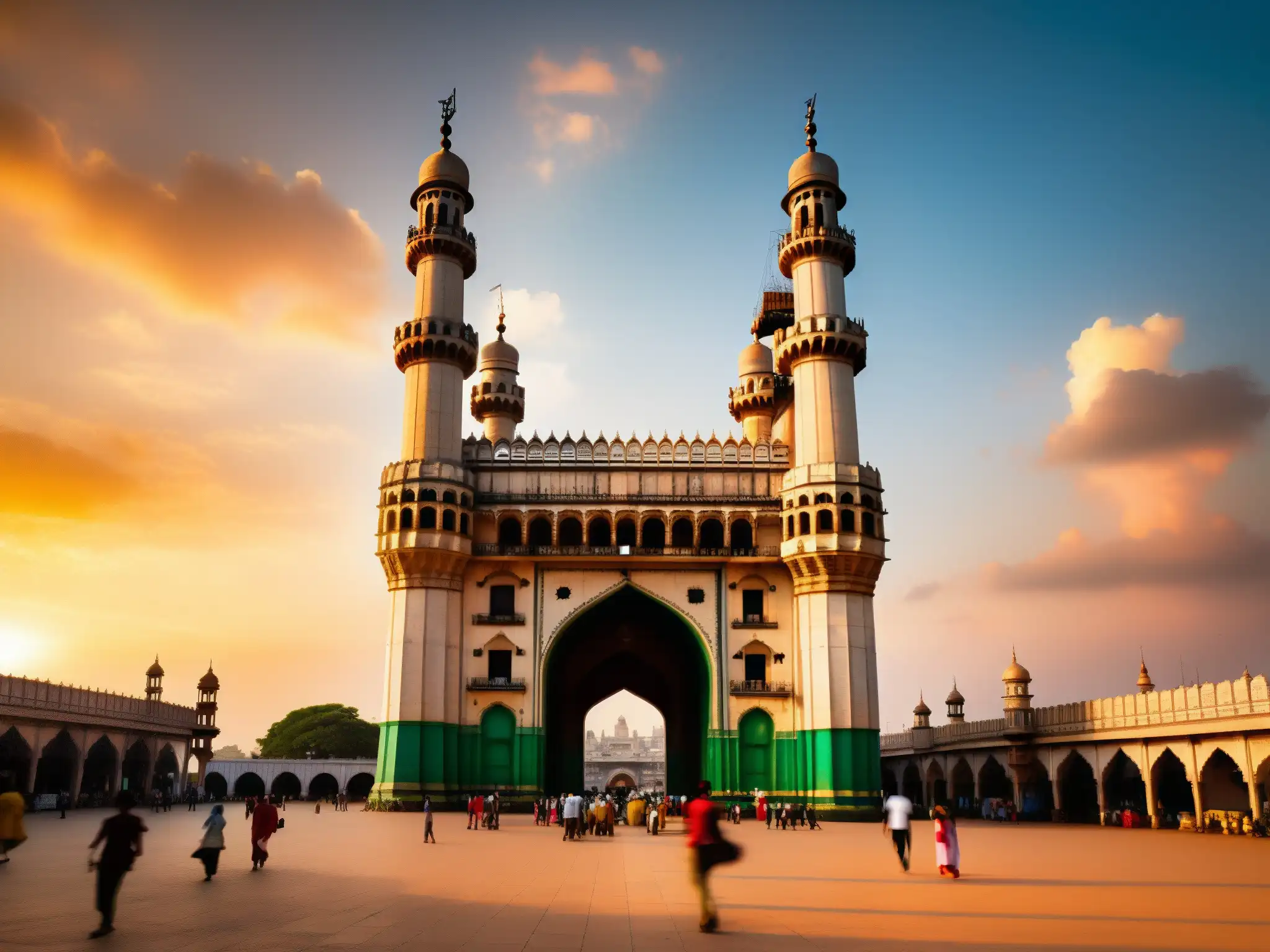 Una enigmática escena al atardecer en Hyderabad, India, con La Dama de la Torre de Charminar en primer plano, iluminada por la cálida luz dorada