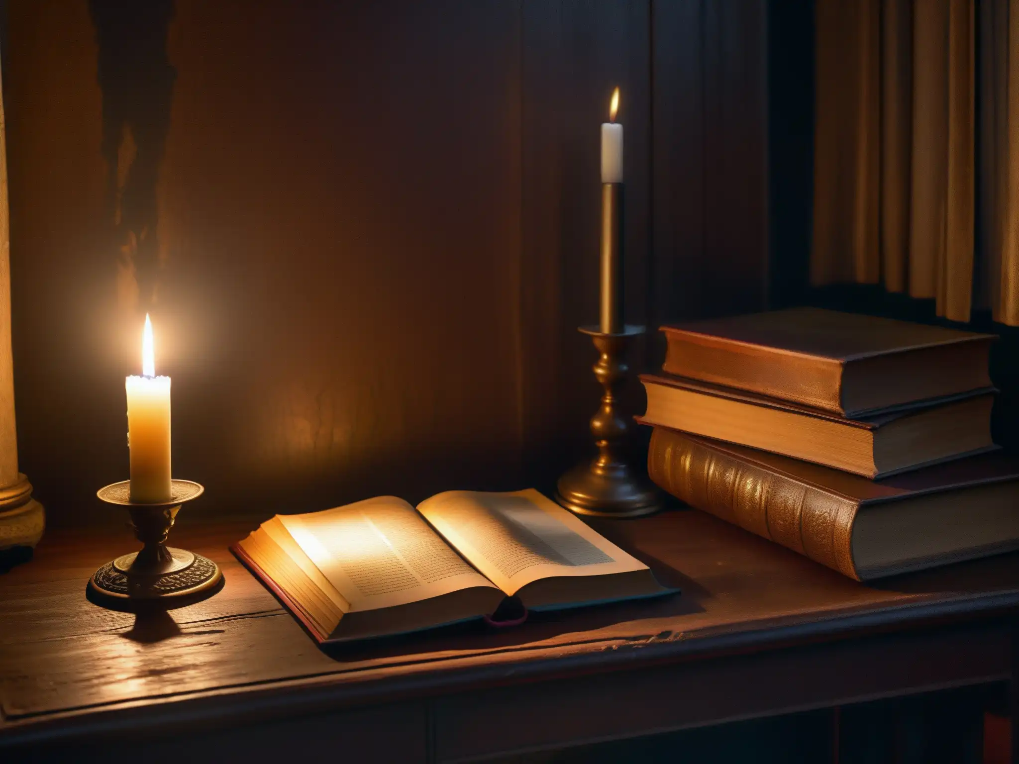 Enigmática escena de una habitación lúgubre con libros antiguos y una vela titilante, perfecta para amantes de historias macabras