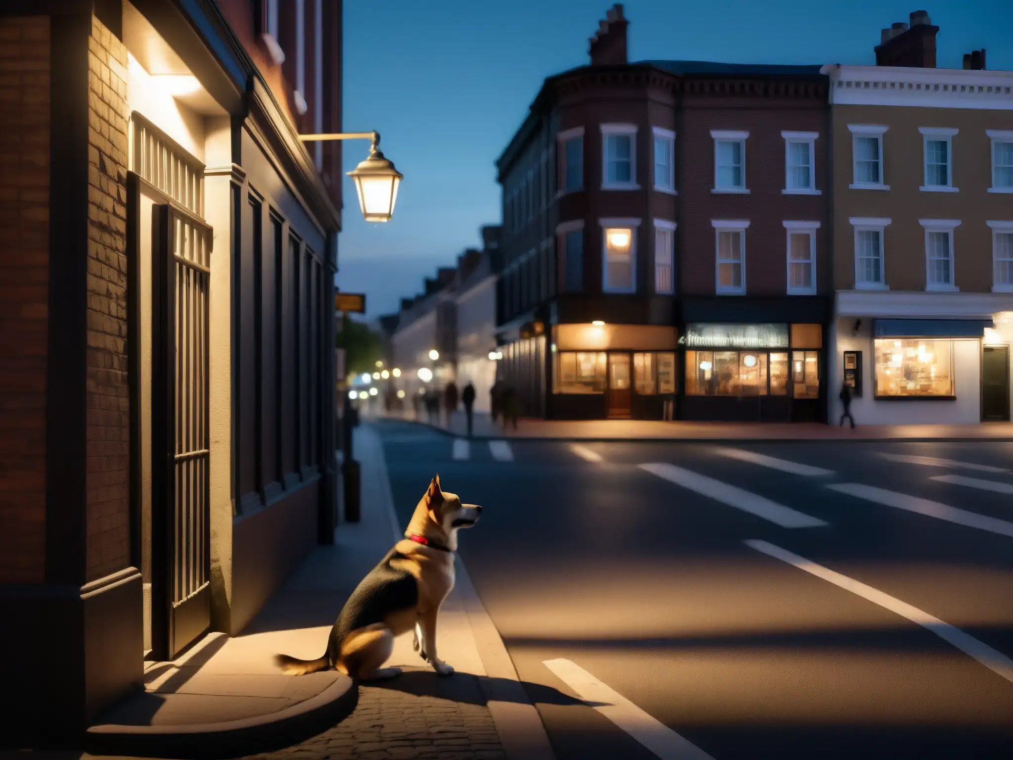 Enigmática esquina nocturna con un jinmenken, perro de cara humana, paseando