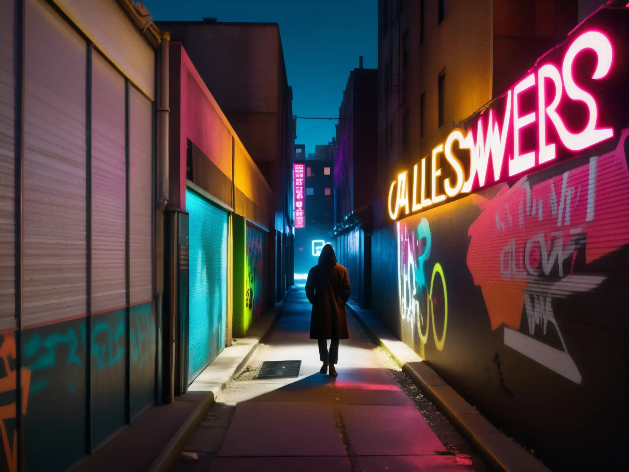 Enigmática imagen nocturna de un callejón urbano, con sombras, grafitis y una figura misteriosa, evocando mitos y leyendas urbanas contemporáneas