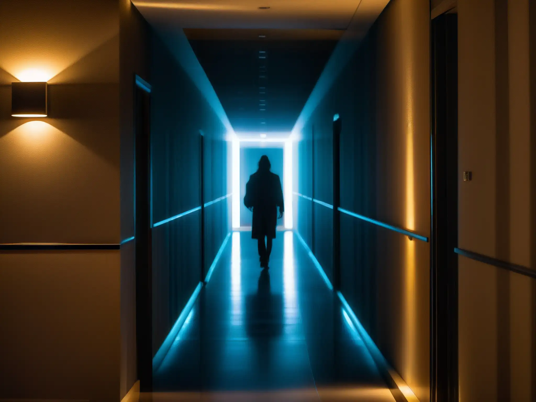 Enigmática presencia fantasmal en el pasillo de Grand Paradi Towers, emanando un aura de origen y misterio