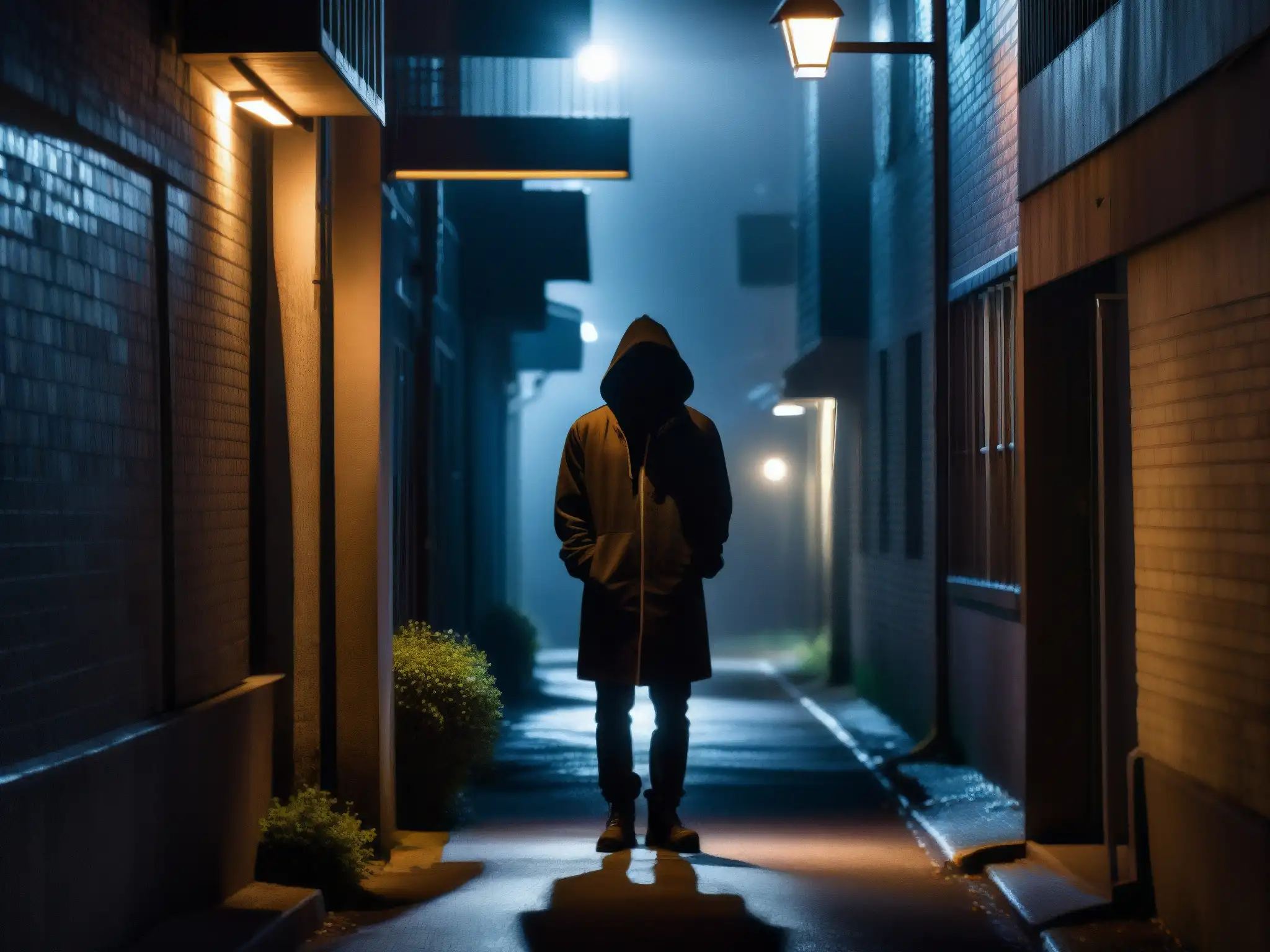 Enigmática silueta en callejón sombrío bajo luz tenue, reflejando la psicología detrás leyendas urbanas digitales