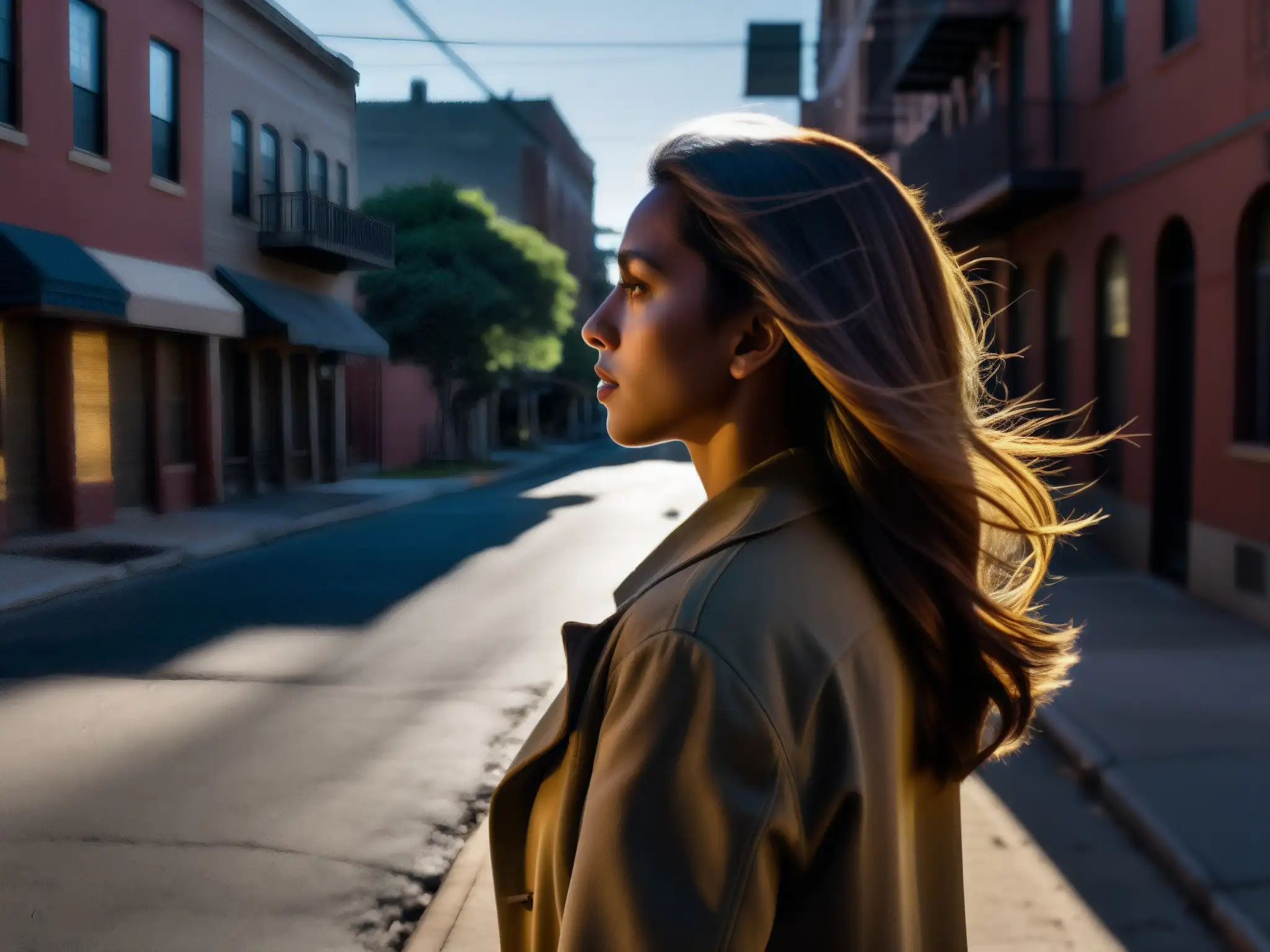 Enigmática silueta de mujer solitaria en calle urbana oscura, evocando la leyenda urbana 'Mujer Llorona'
