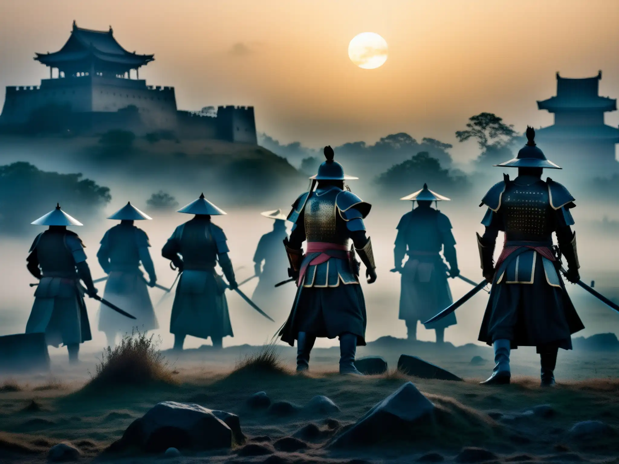 Enigmáticas apariciones samuráis emergen de la niebla en antiguas batallas, evocando una historia misteriosa y sobrenatural