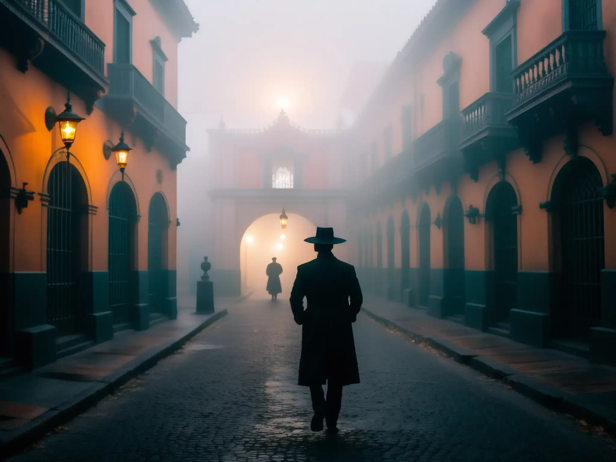 Enigmático callejón de Ciudad de México, figura espectral entre la niebla, luces de farolas y mansión antigua