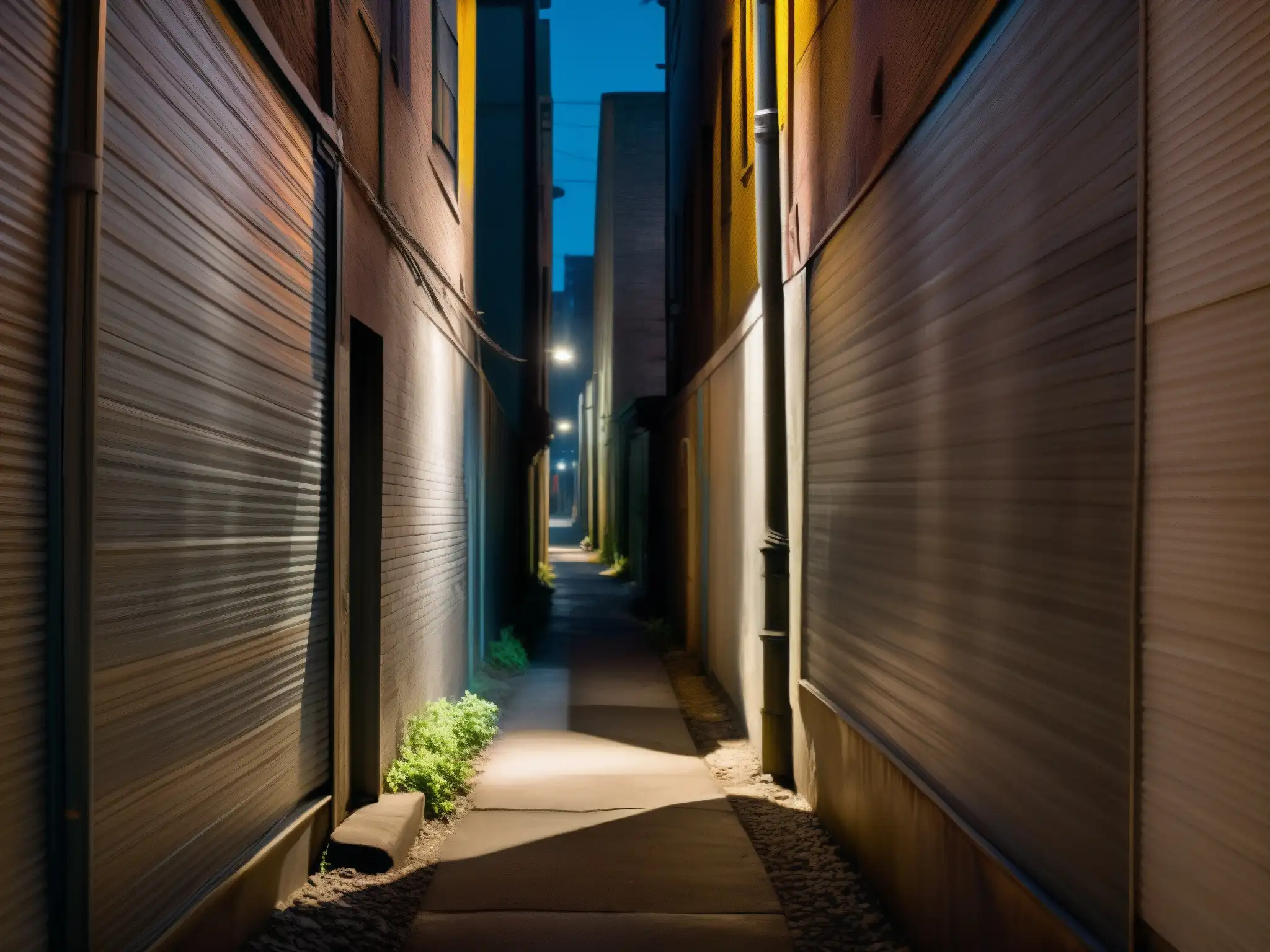 Enigmático callejón urbano de noche, con luz tenue y sombras inquietantes