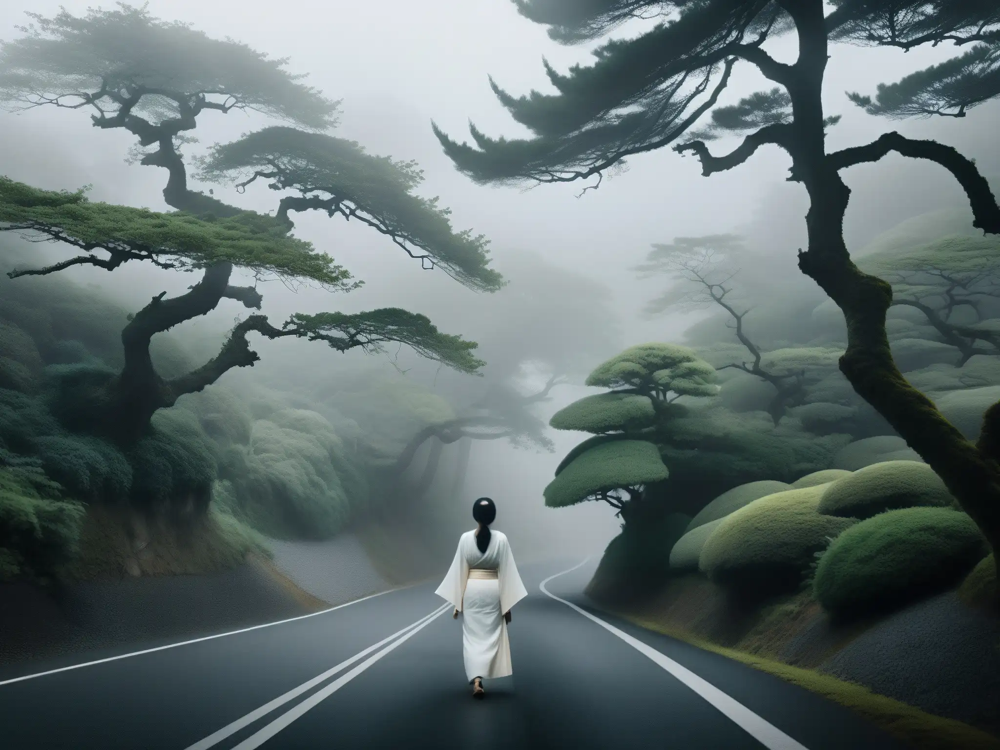 Enigmático camino de montaña en Japón, con una figura solitaria en kimono blanco, entre la neblina