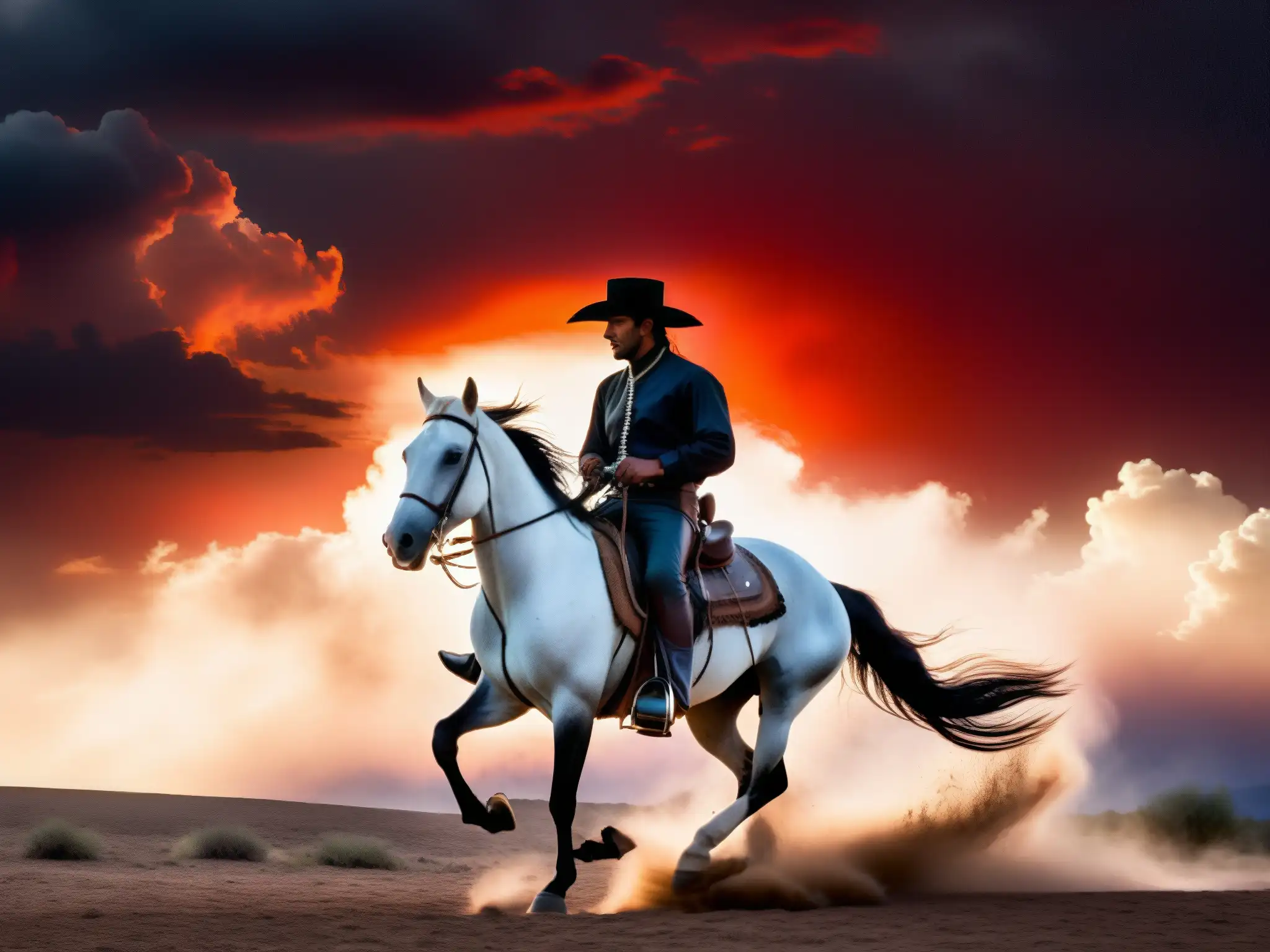 El enigmático Charro Negro en un atardecer rojo sangre, montado en un caballo con el aura del terror supernatural
