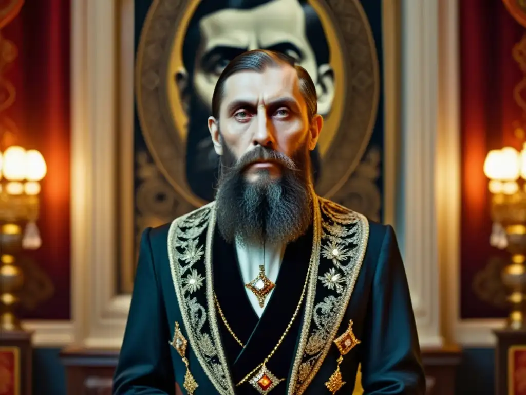 Rasputín, el enigmático consejero ruso, destaca en una habitación oscura con decoración tradicional rusa