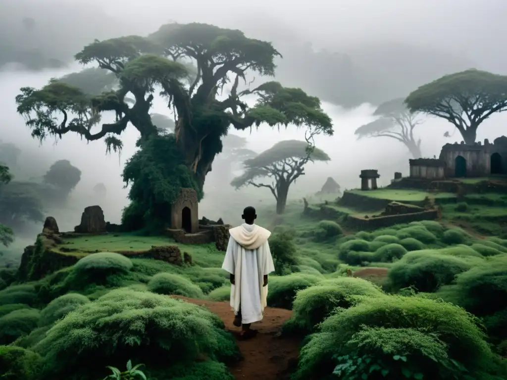 Enigmático bosque etíope cubierto de niebla con una figura en túnicas blancas