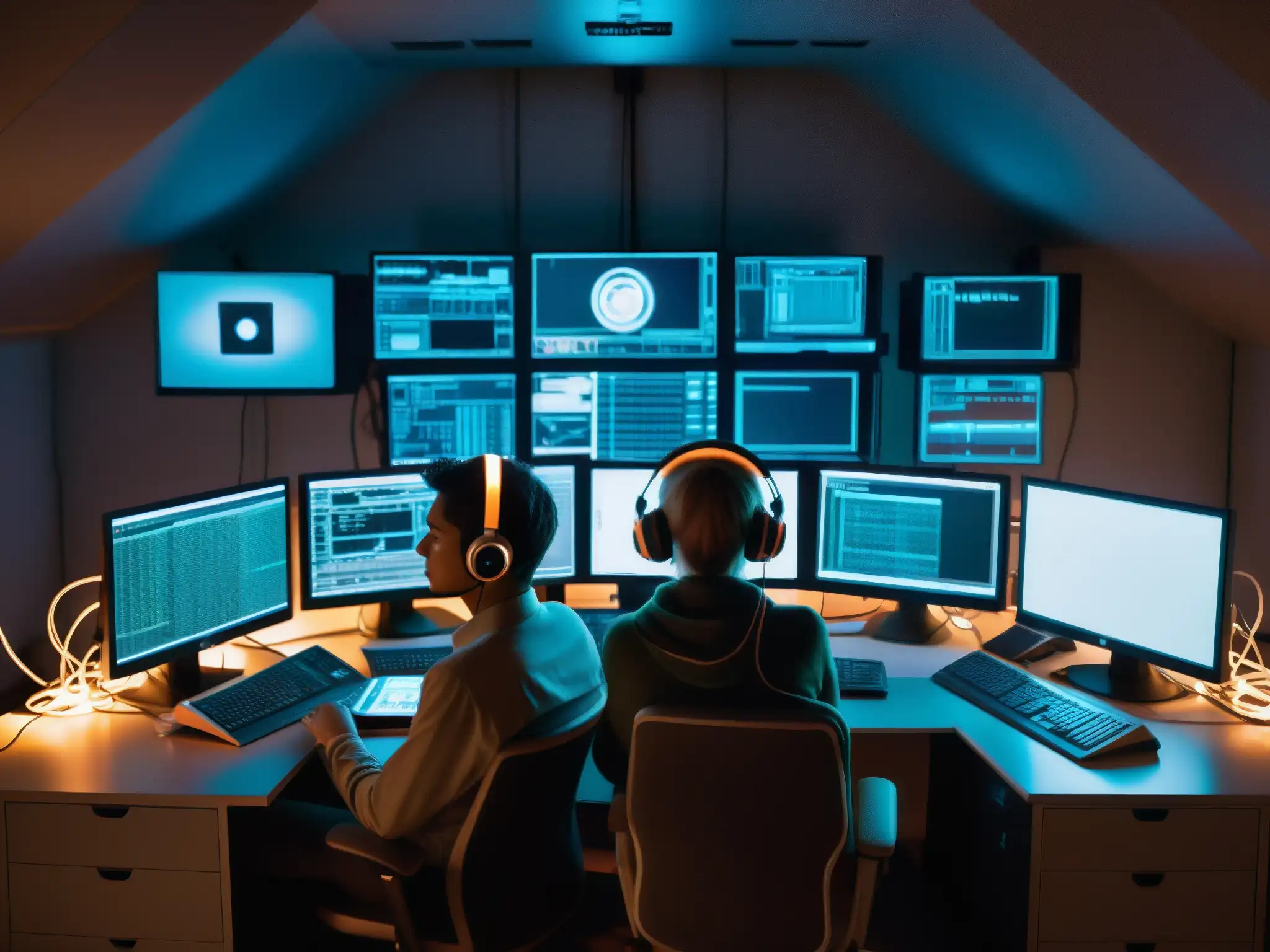 Un enigmático espacio repleto de monitores y cables, donde se percibe la intensa labor de individuos inmersos en sus dispositivos digitales