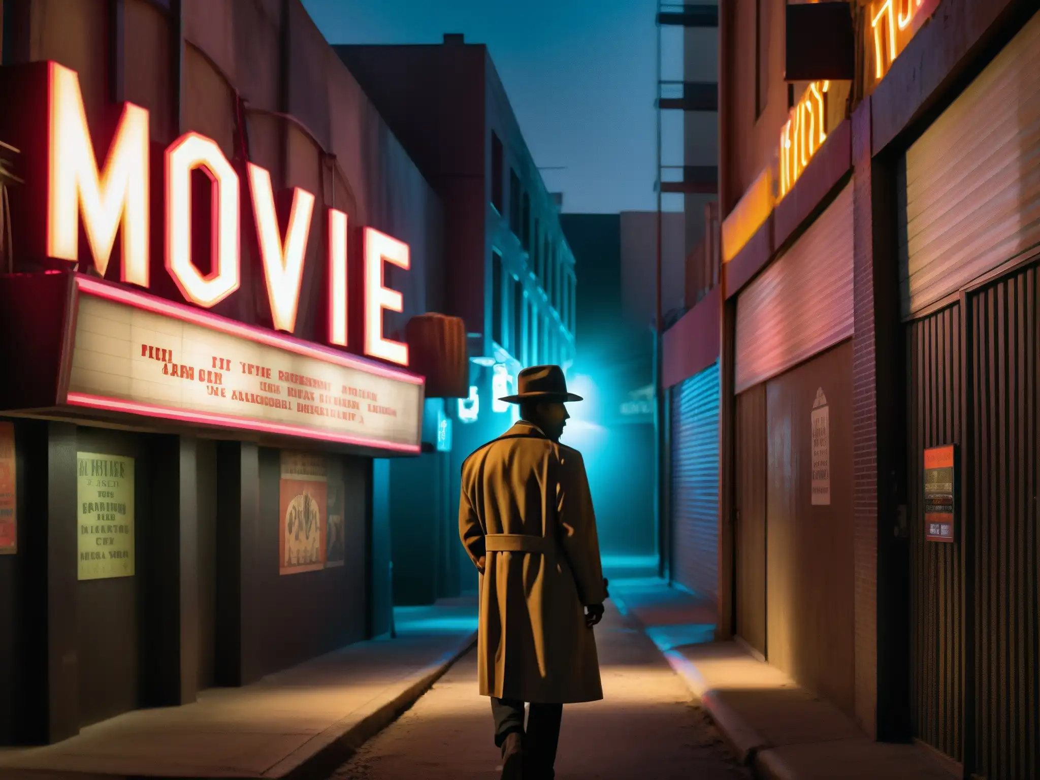 Enigmático callejón de Hollywood con grafitis, sombras y misteriosa figura