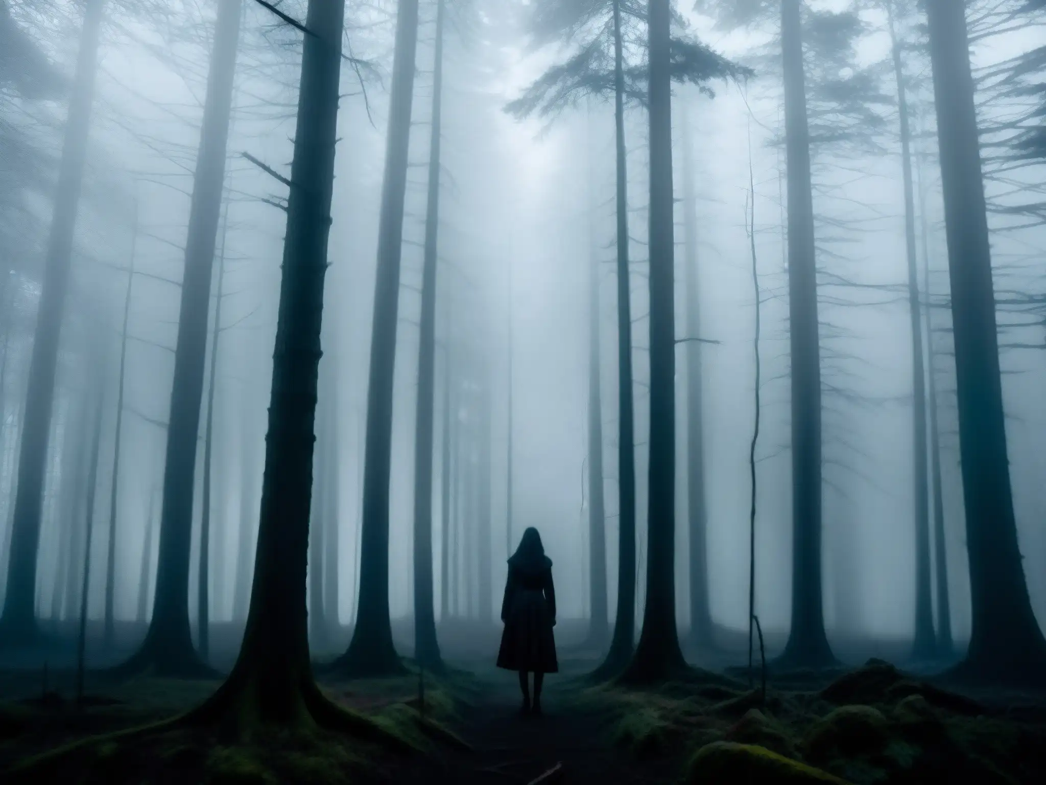 Enigmático bosque neblinoso con figura misteriosa