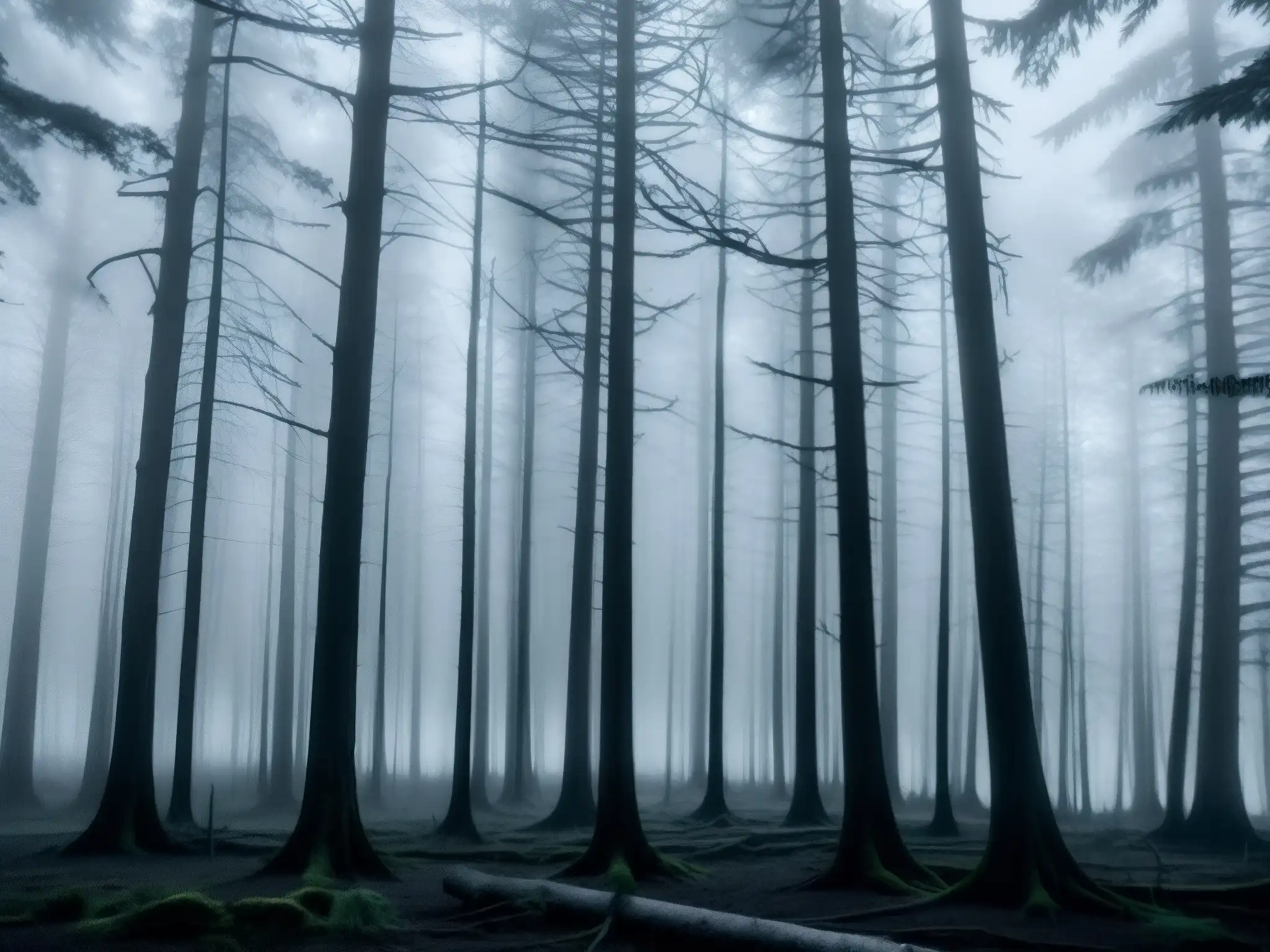 Enigmático bosque de niebla al anochecer