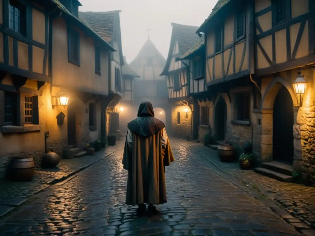 Enigmático pueblo medieval envuelto en niebla, personaje misterioso