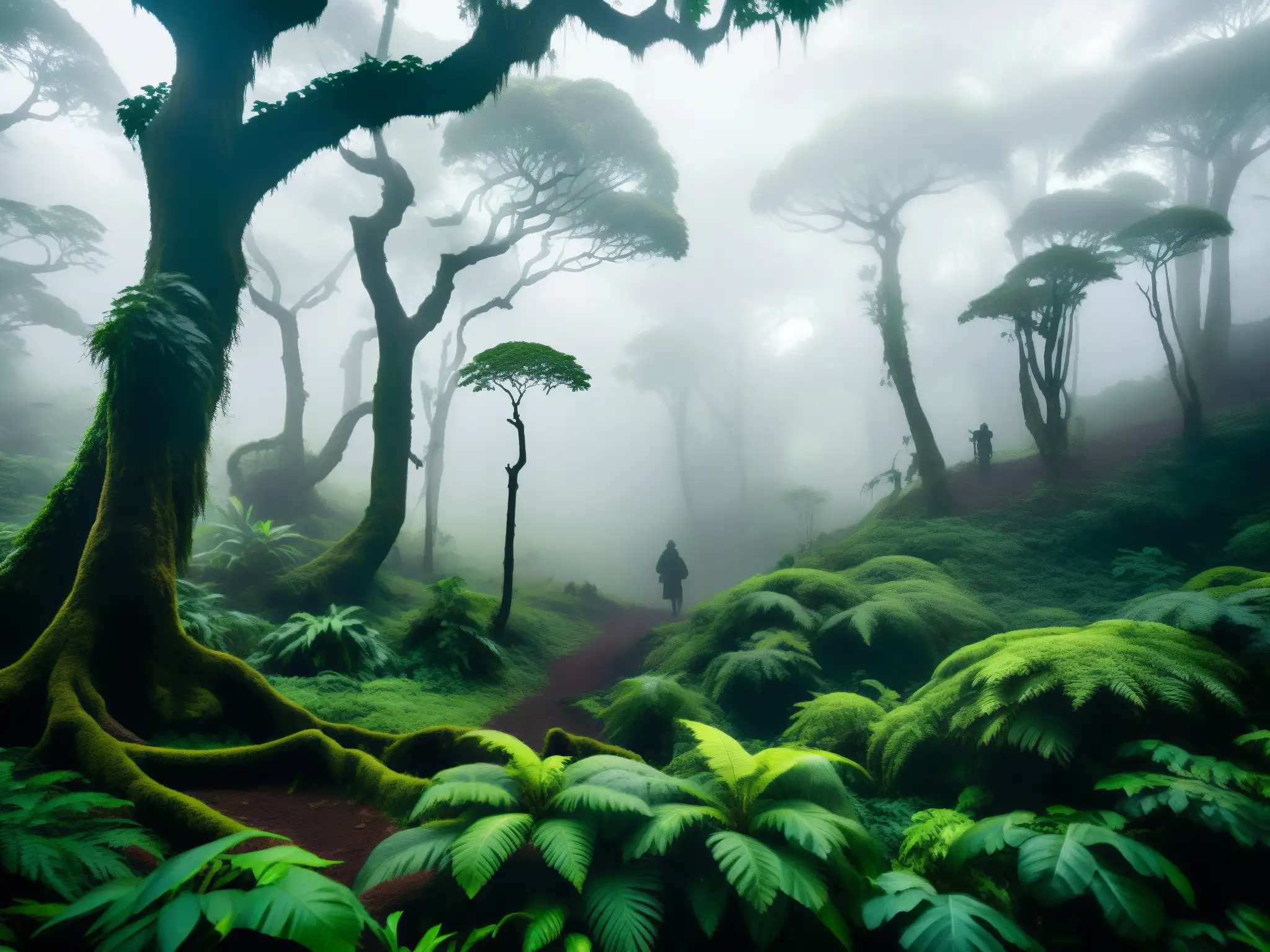 Enigmático bosque suramericano con duendes entre árboles y follaje vibrante