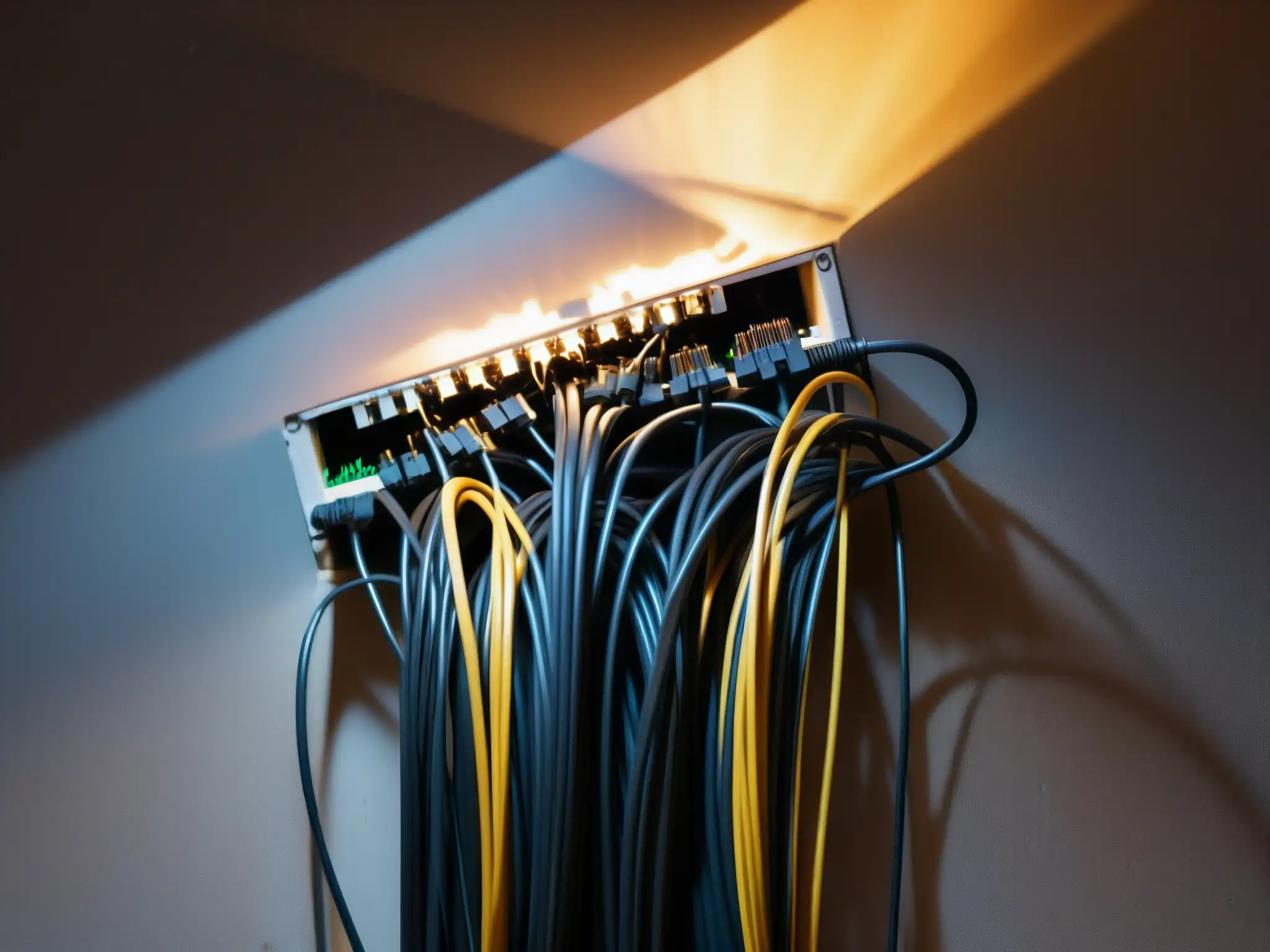Enredado caos de cables Ethernet con polvo y telarañas, evocando leyendas urbanas redes WiFi Bluetooth