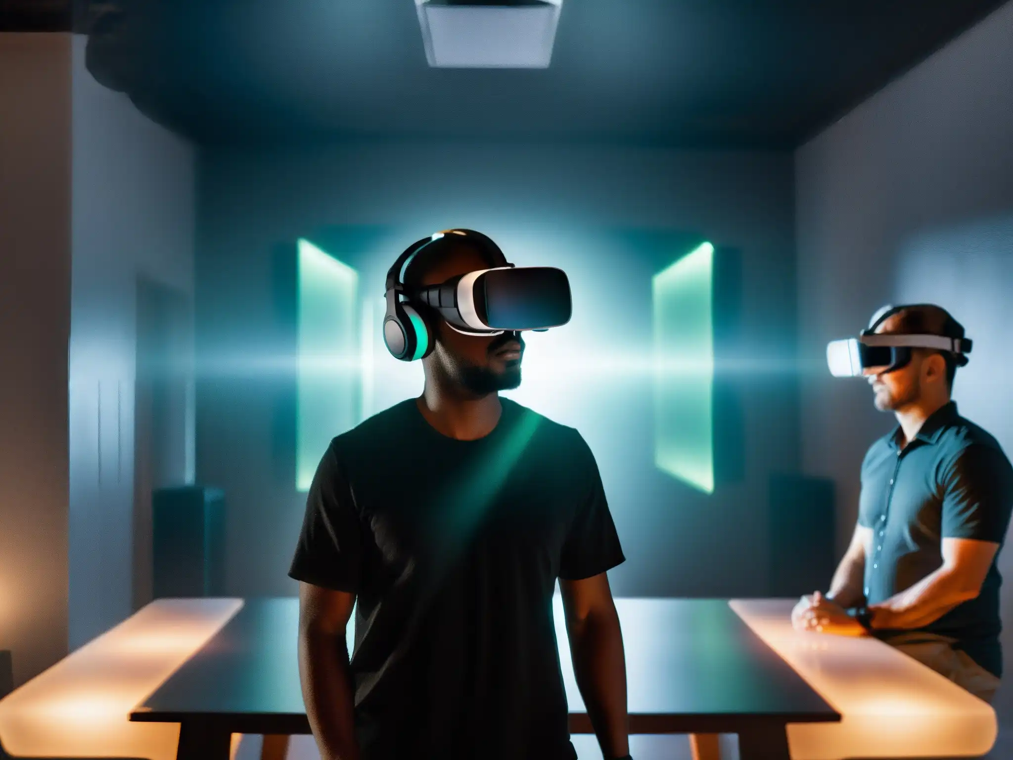 Un entorno misterioso con encuentros fantasmales en realidad virtual, una figura tensa usando un visor de VR en una habitación tenue