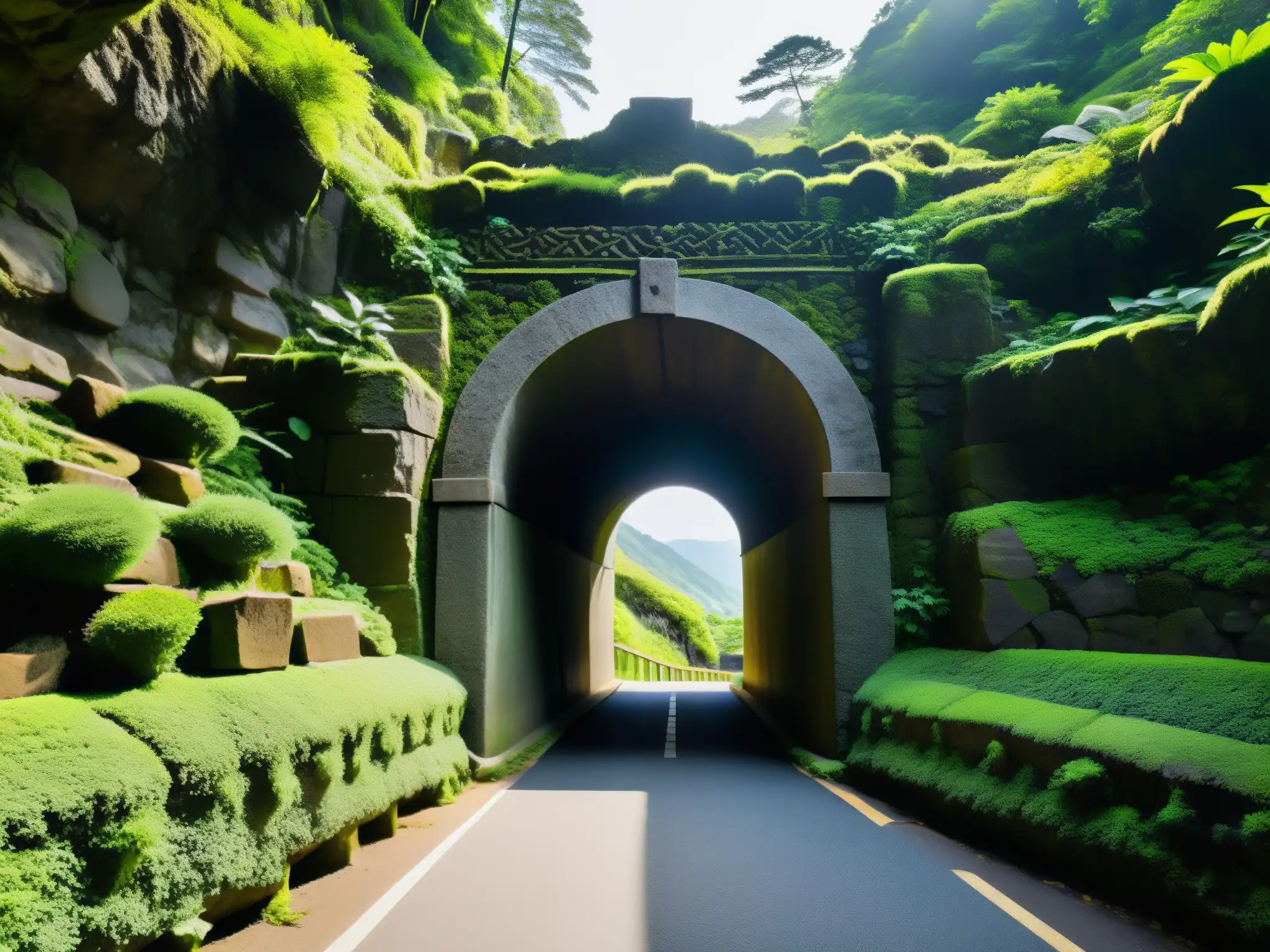 Entrada del túnel Saruhashi envuelta en musgo y misterio, evocando mitos y leyendas urbanas Saruhashi