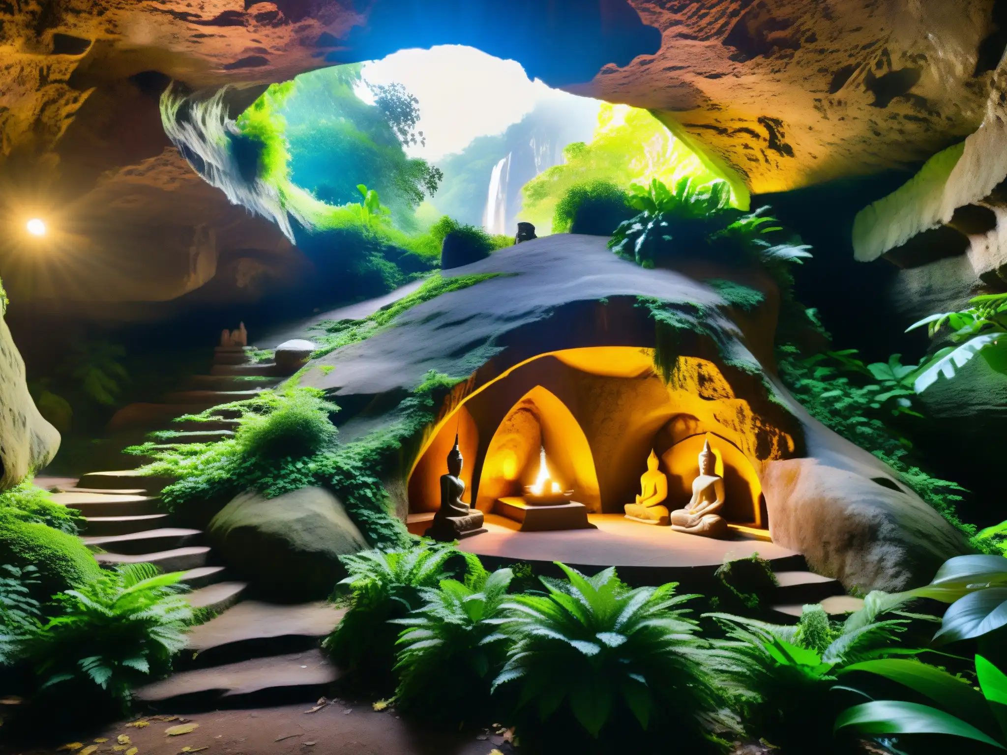 Entrada a cueva de montaña con estatuas de Yoginis en medio de exuberante vegetación, evocando conexión a prácticas religiosas de Yoginis voladores