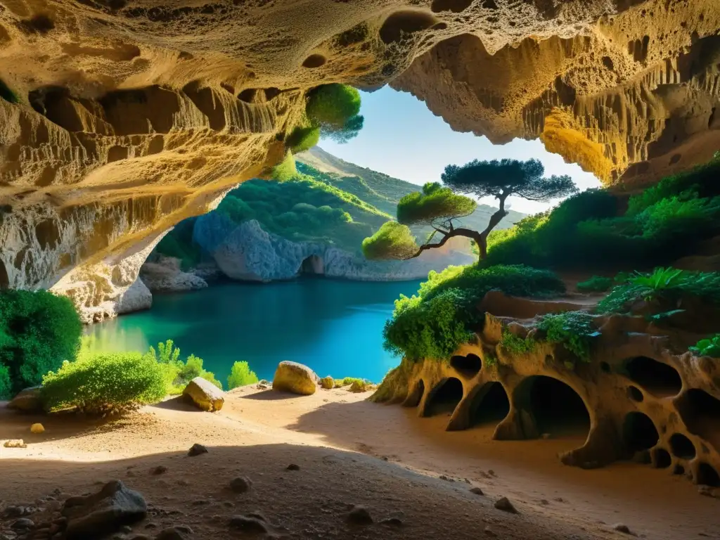 Entrada misteriosa de la Cueva del Basilisco en Sicilia, con iluminación sobrenatural y raíces retorcidas