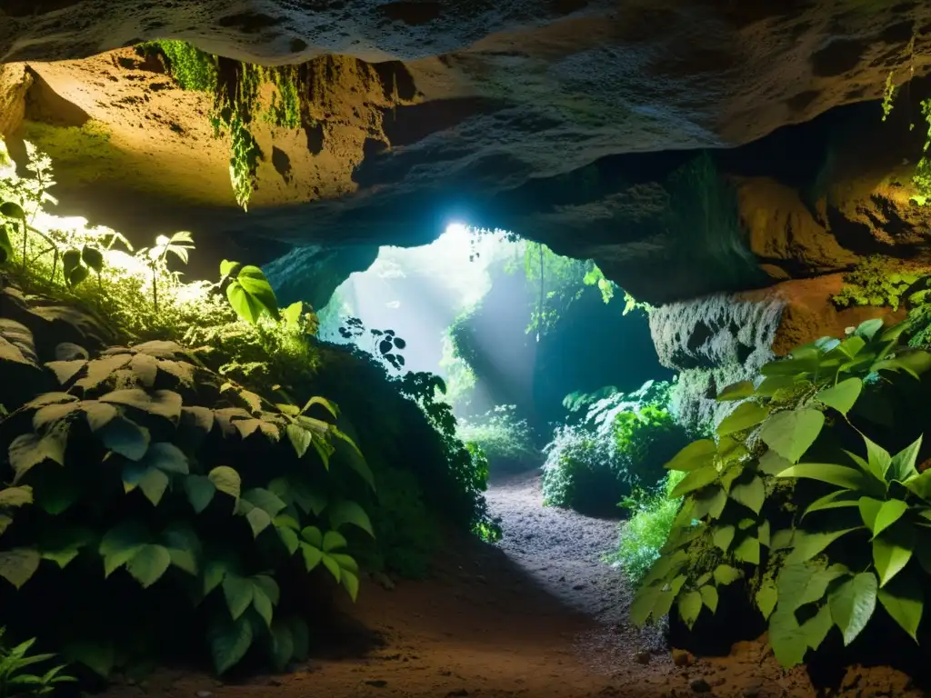 Entrada misteriosa de cueva con maleza, evocando leyendas urbanas del bandolero Tío Camuñas