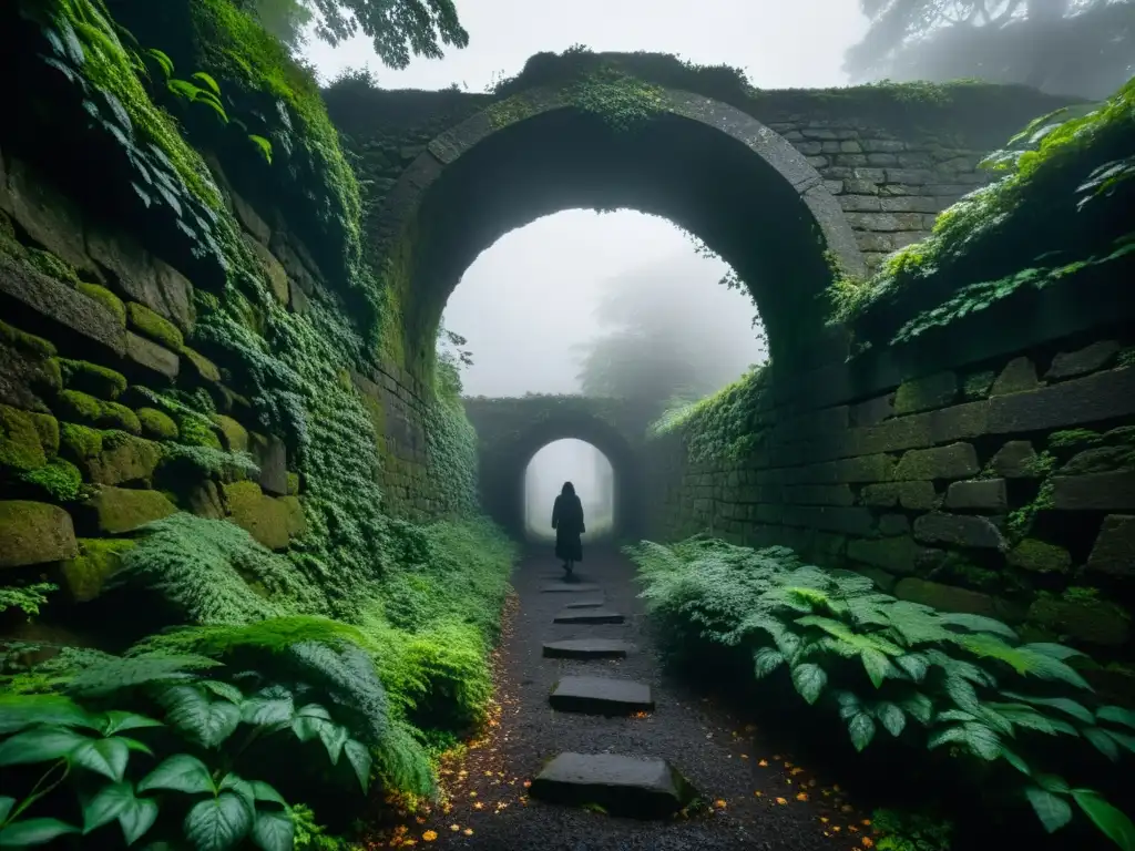 Entrada misteriosa al Túnel Tsuchinoko, envuelta en niebla y vegetación densa, con figuras y formas enigmáticas entre las sombras