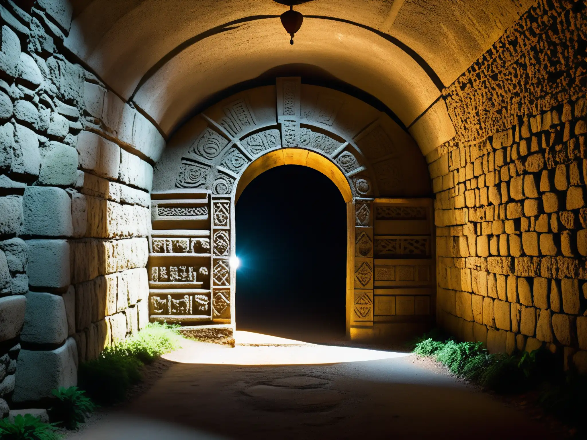 Entrada misteriosa al Tunel de la Llorona en Celaya, México, con símbolos y sombras, evocando su atmósfera enigmática