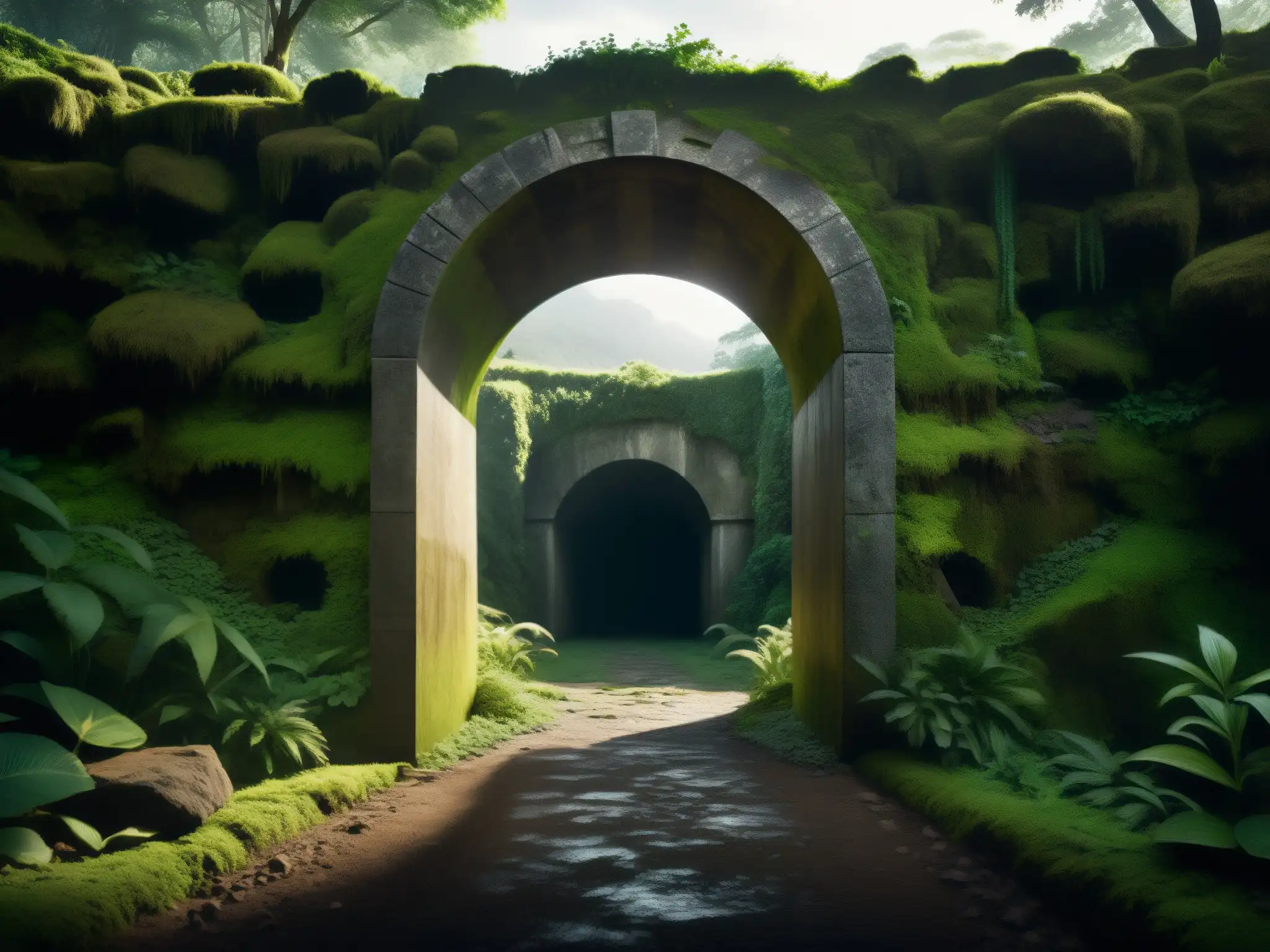 Entrada al misterioso Tunel de la Llorona en Celaya, cubierto de musgo y rodeado de vegetación densa, evocando intriga y misterio