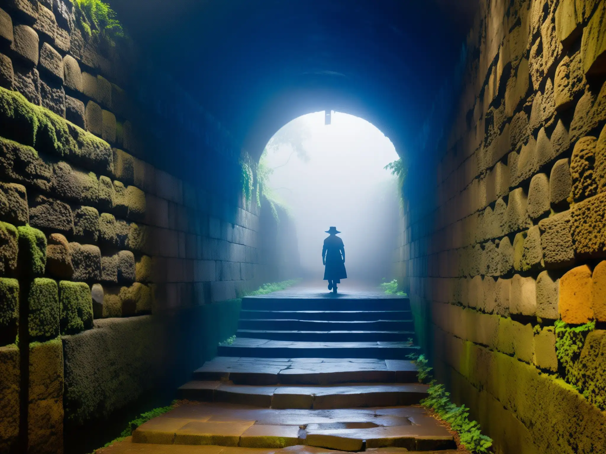 Entrada al misterioso Tunel de la Llorona en Celaya, México, envuelto en niebla con iluminación dramática y detalles históricos destacados