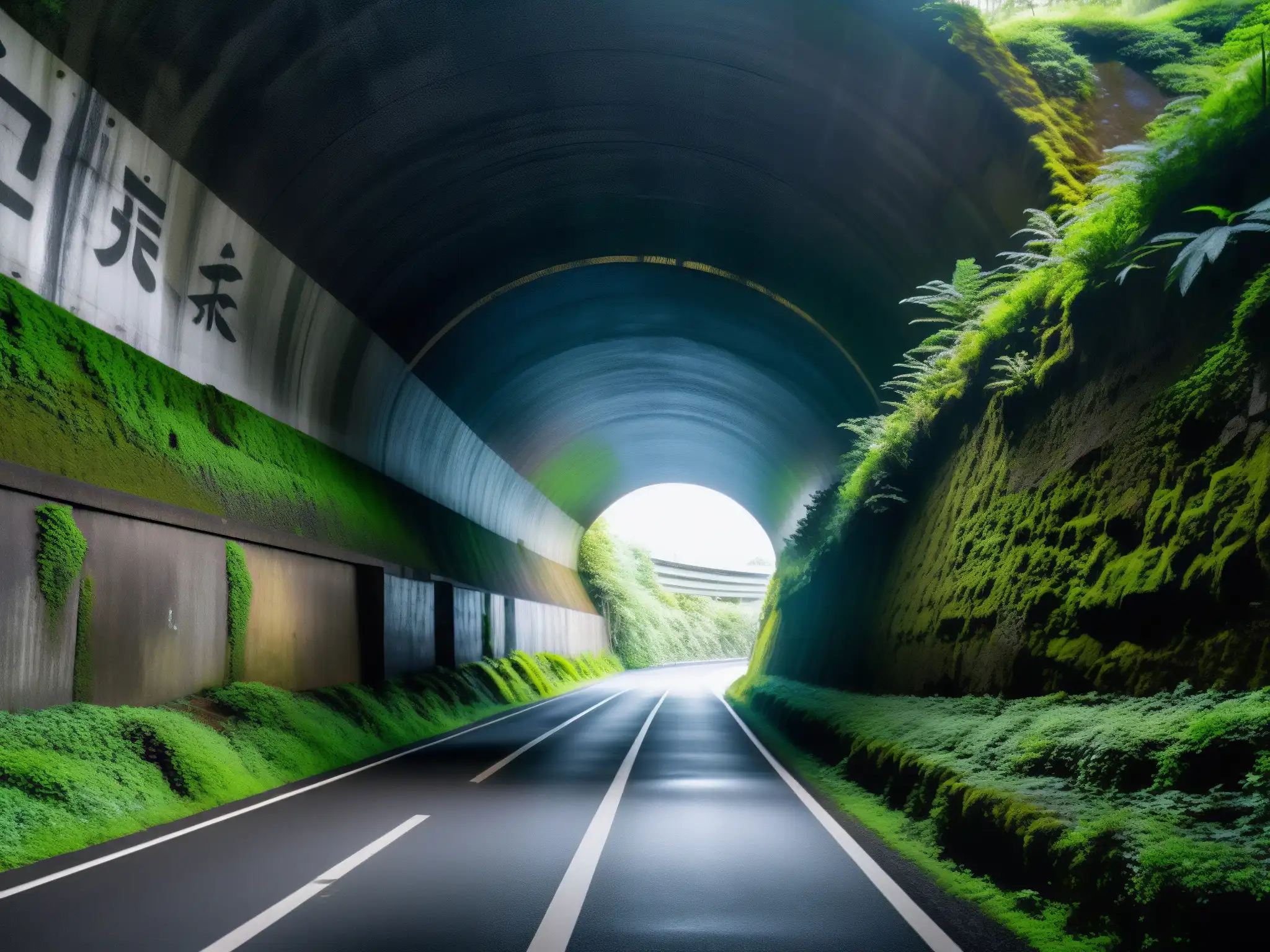 La entrada oscura y misteriosa al Túnel Kiyotaki, con luz filtrándose entre la densa vegetación