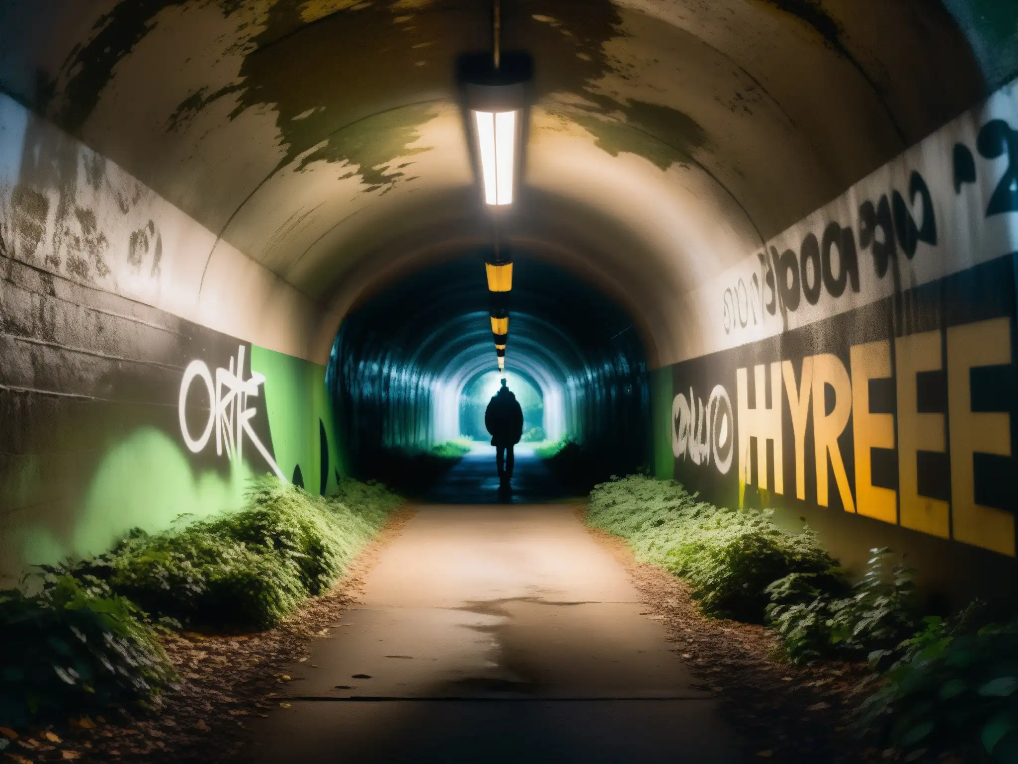Entrada sombría de túnel con graffiti y sombras inquietantes, sugiriendo misterio y la leyenda urbana túnel Screaming Tunnel