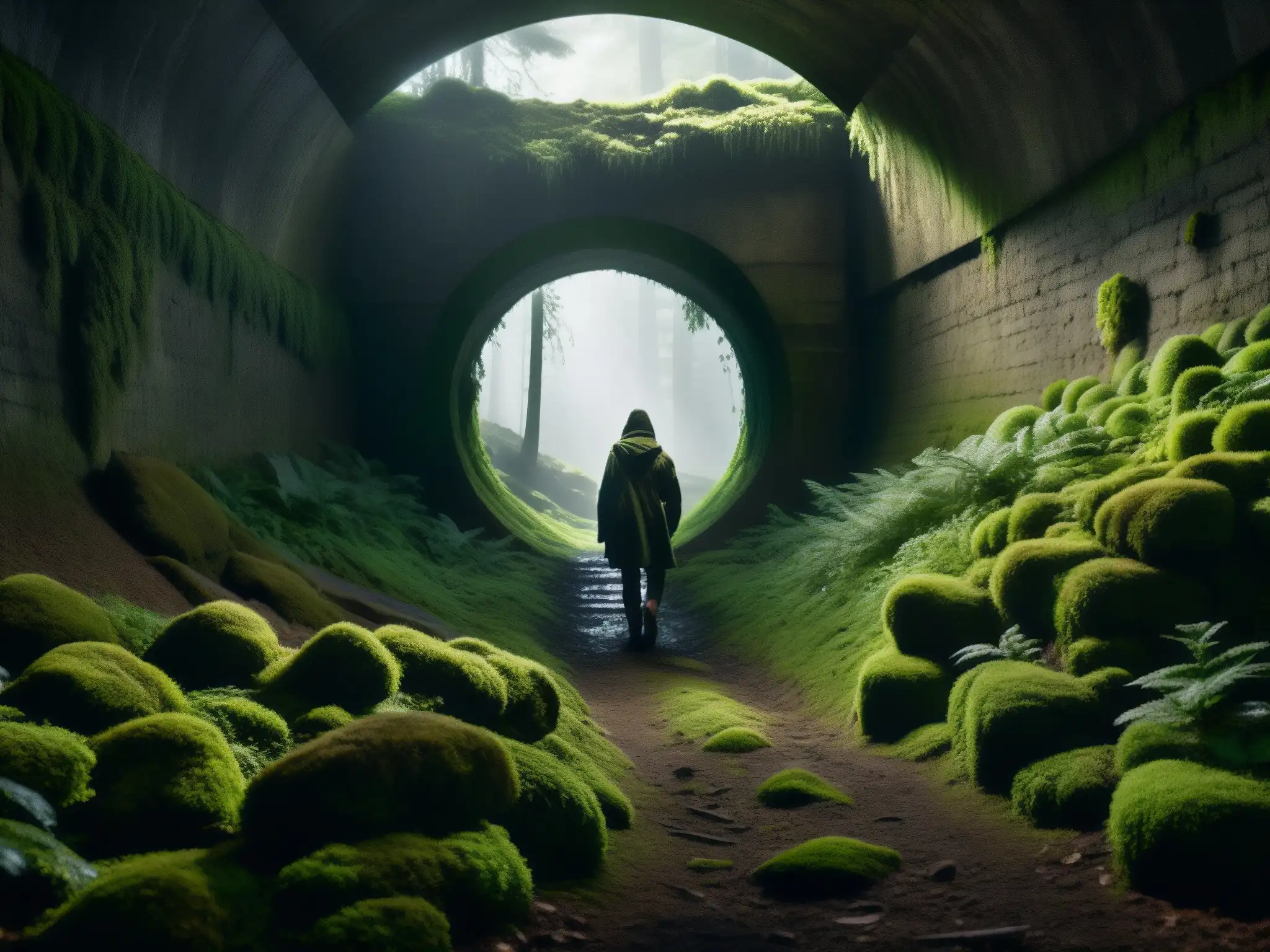 Entrada a un túnel Kiyotaki, envuelto en misterio y rodeado de bosque denso y ominoso