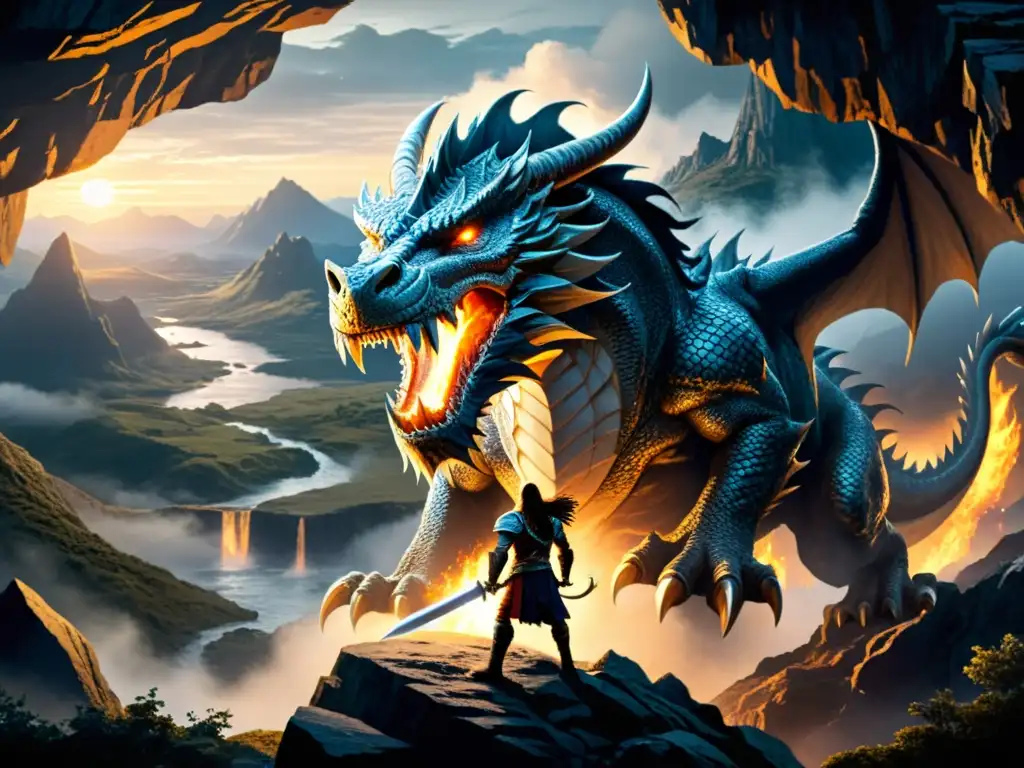 Épica batalla entre Sigurd y el feroz dragón Fafnir en las montañas neblinosas, capturando la leyenda Sigurd y Fafnir con dramatismo y detalle
