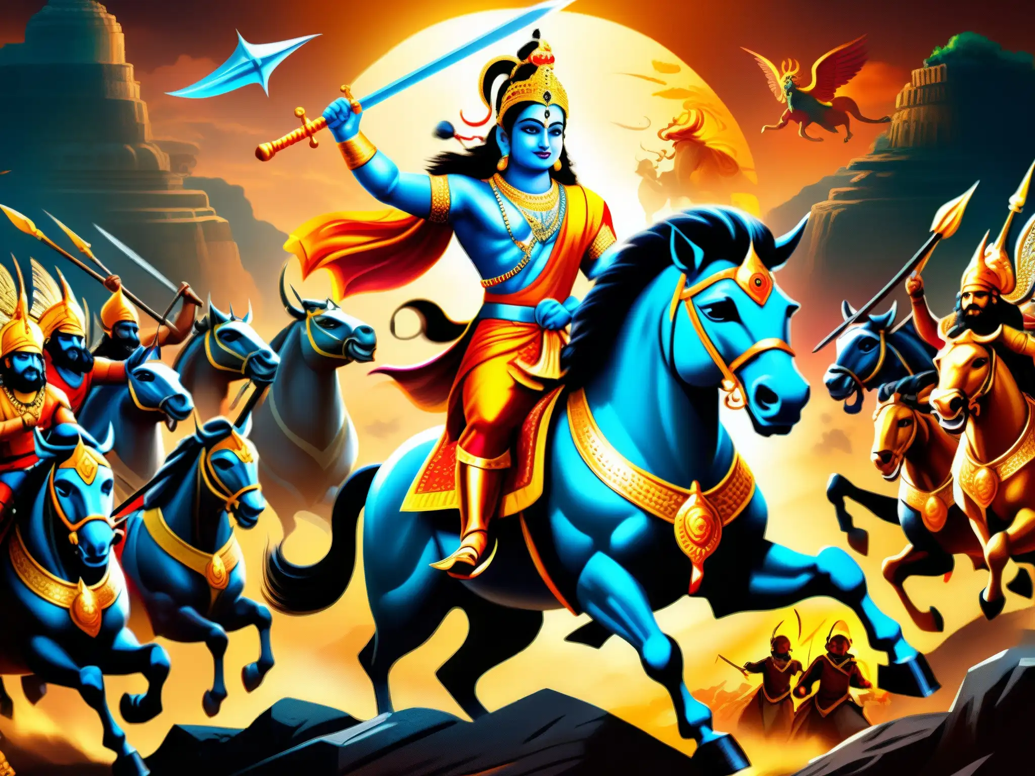 Épica batalla de guerreros místicos en la mitología del sur de Asia