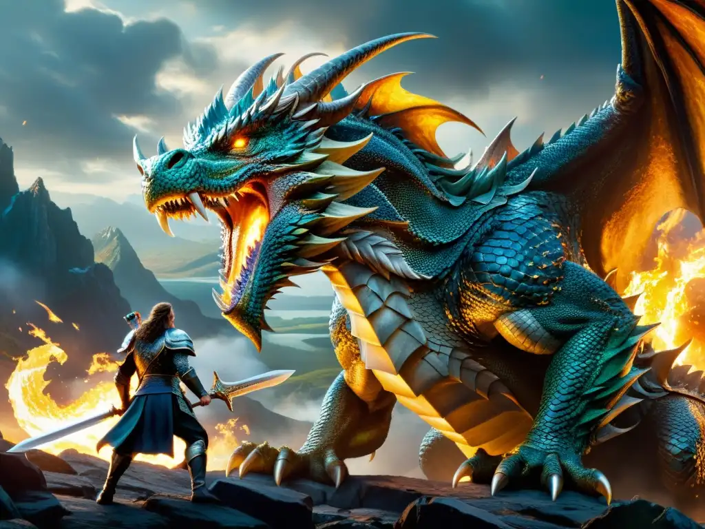 Épica pintura de la leyenda Sigurd y Fafnir: detallada batalla entre el valiente guerrero y el monstruoso dragón