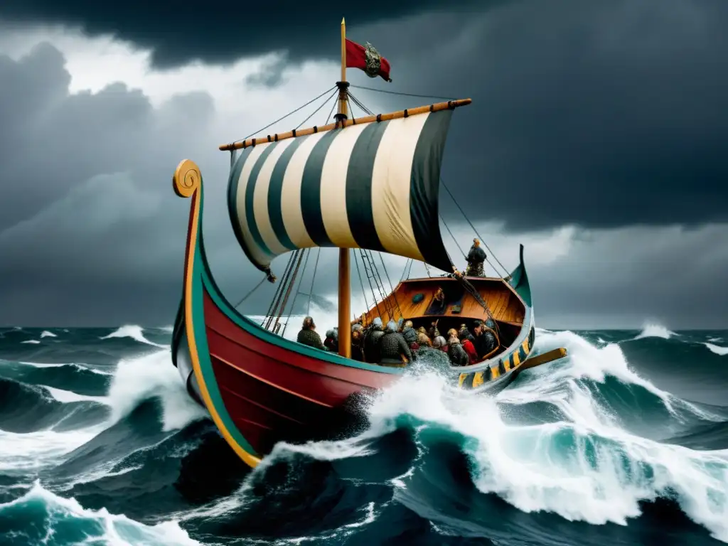 Un épico viaje de un barco vikingo en medio de una tormenta, con guerreros valientes enfrentando el apocalipsis vikingo Ragnarök