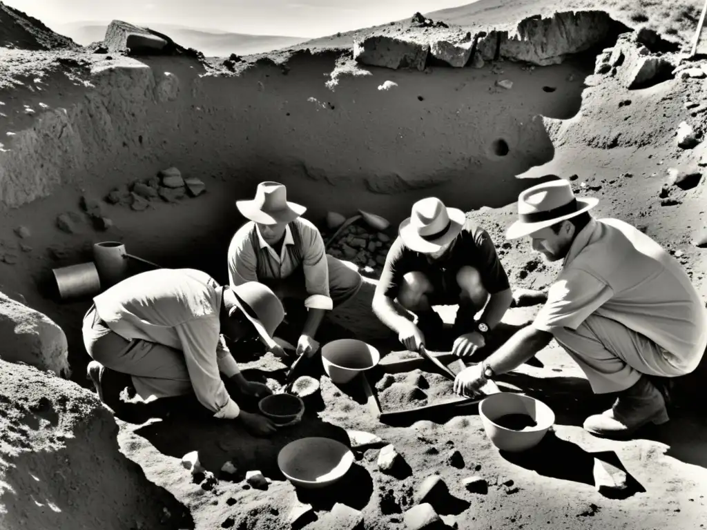Equipo de arqueólogos excavando con cuidado en sitio