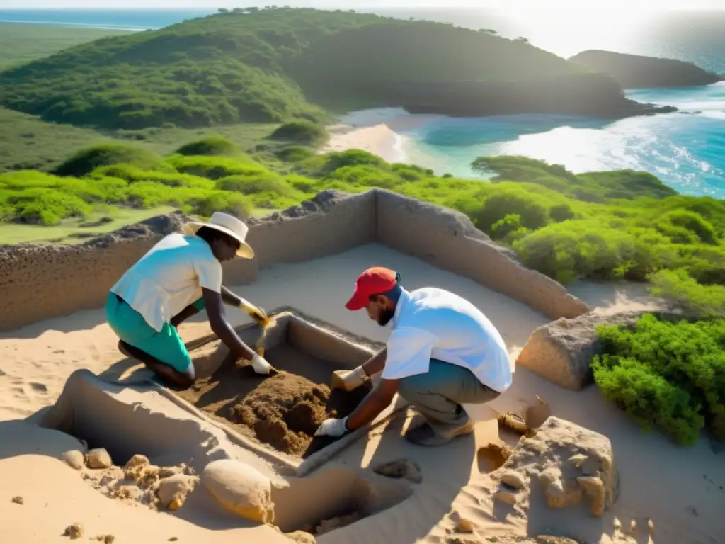 Un equipo de arqueólogos excava cuidadosamente ruinas antiguas a lo largo de la costa de Swahili