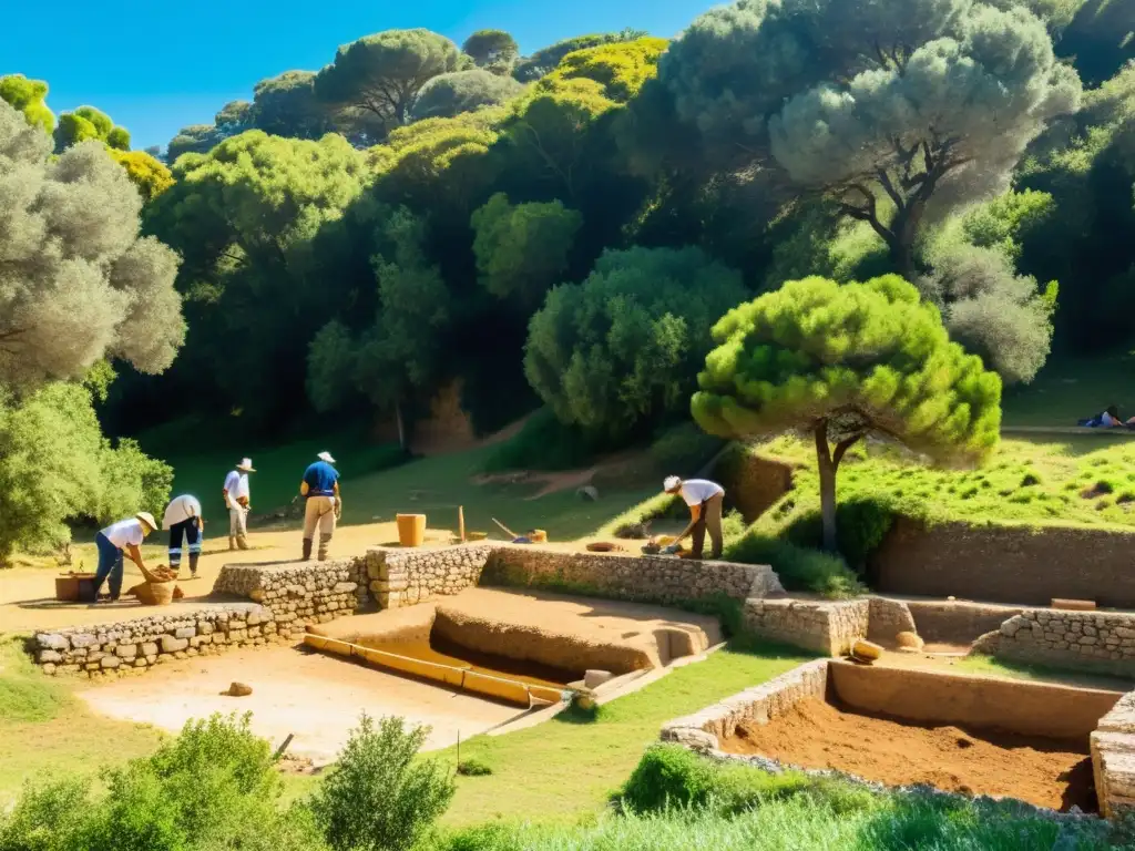 Equipo de arqueólogos desenterrando tesoros templarios en Portugal entre ruinas antiguas, rodeados de exuberante vegetación y cielo azul