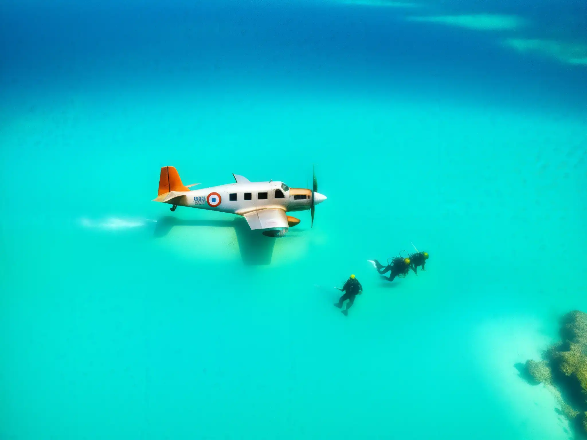 Equipo de buceo investiga misterioso avión hundido en el Triángulo de las Bermudas, con agua turquesa y luz solar filtrándose