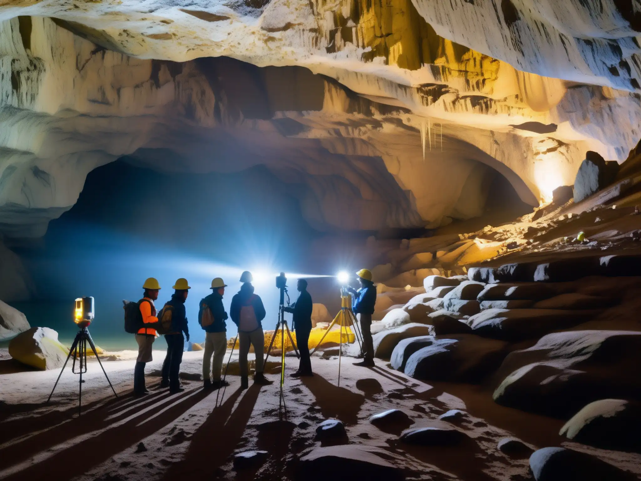 Equipo de científicos explorando cueva en busca de evidencia para la posibilidad científica teoría tierra hueca