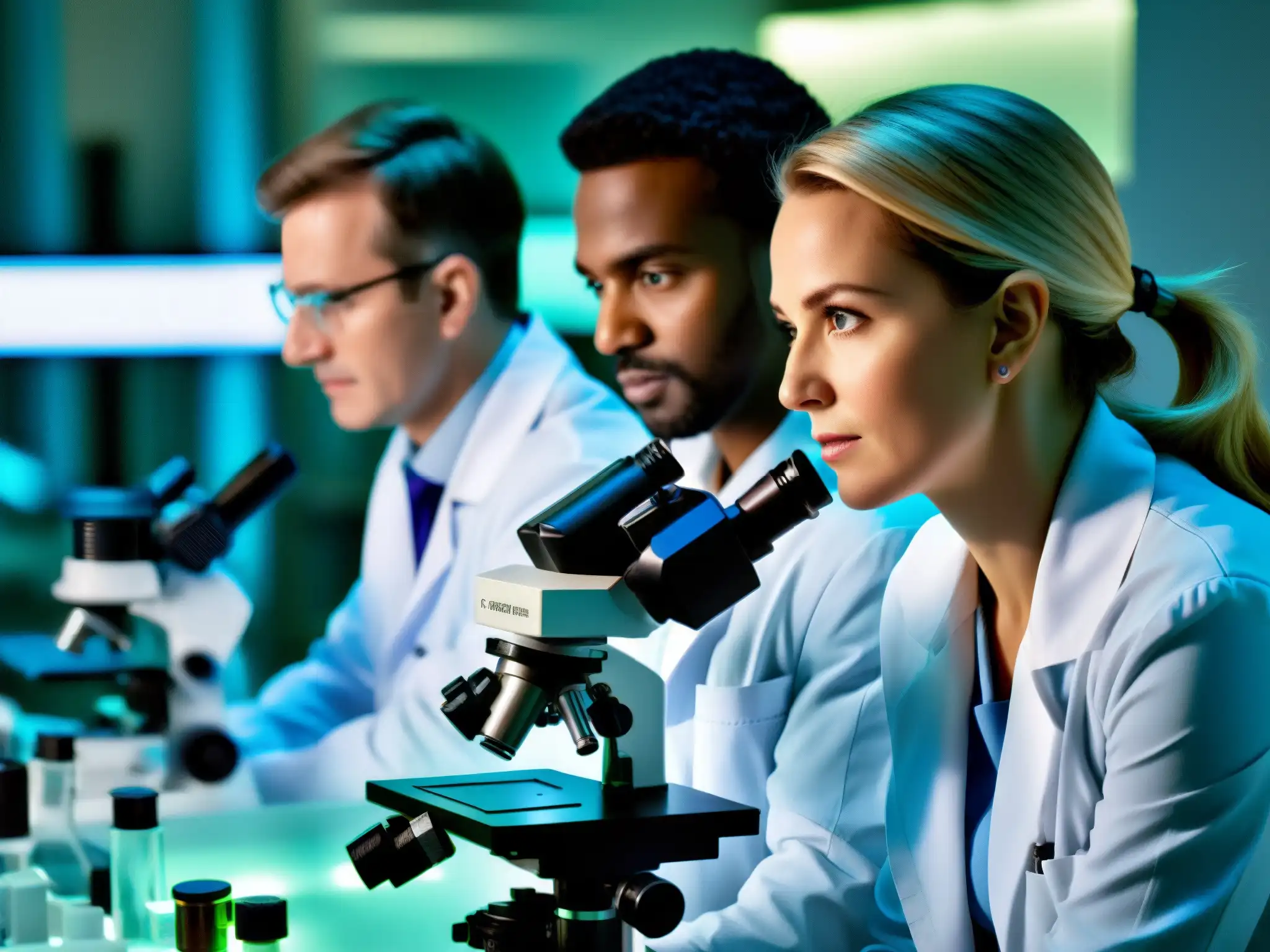Equipo de científicos en laboratorio examinando células cancerosas bajo microscopio, en busca de una cura