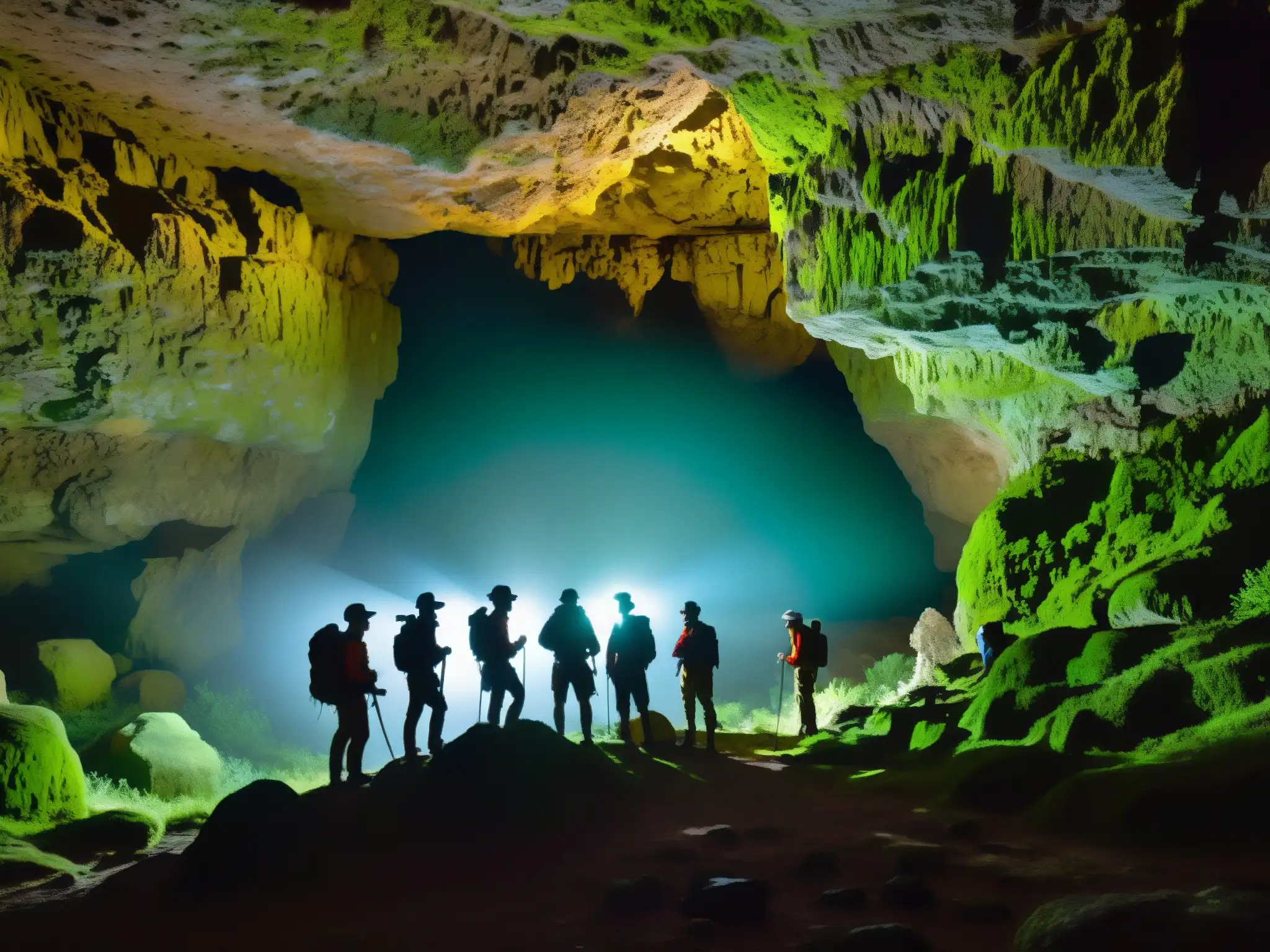 Un equipo de exploradores se maravilla en la entrada de la Cueva Son Bhandar, iluminada por tesoros espectrales