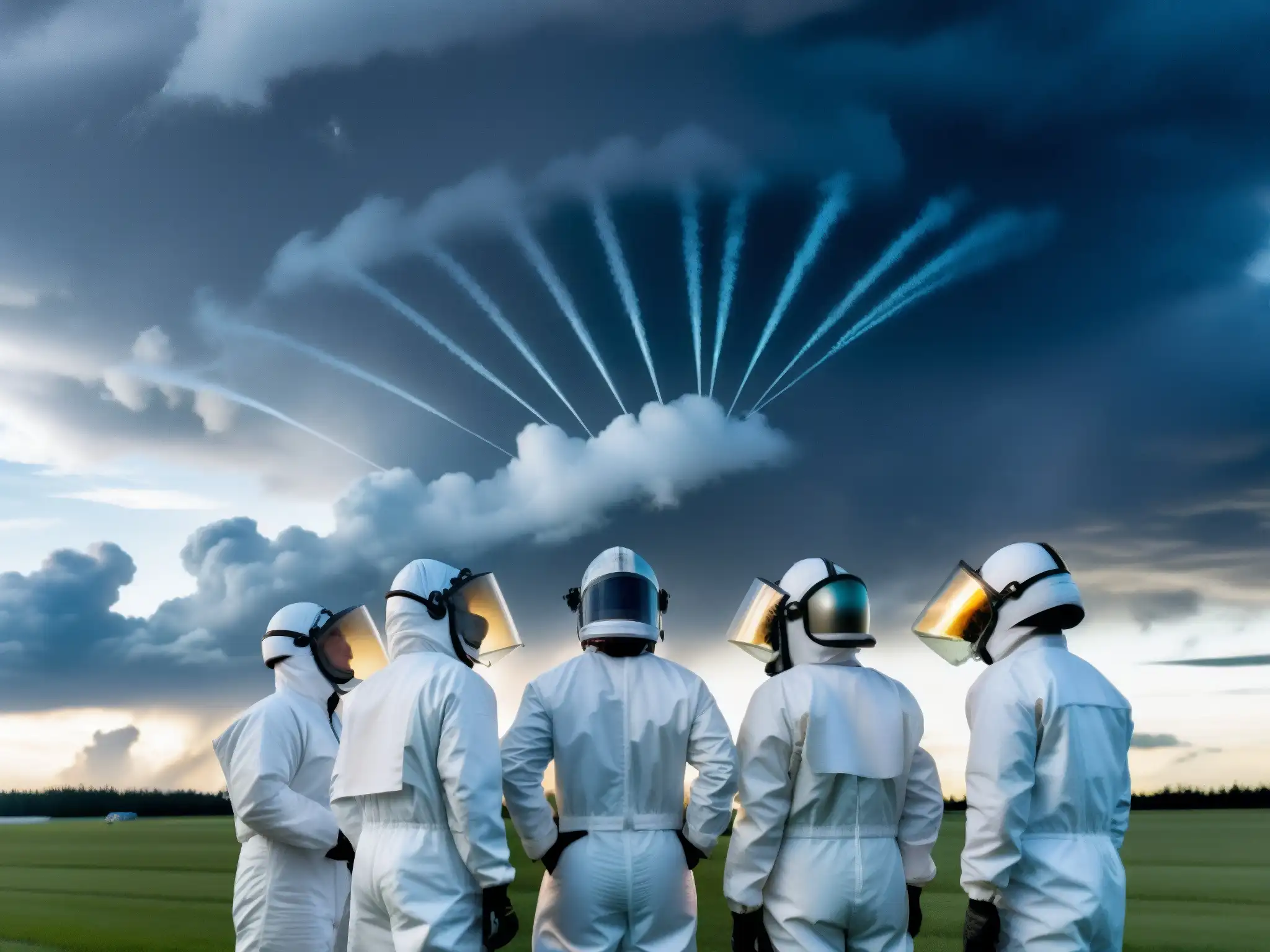 Equipo en trajes de protección examina estelas de avión bajo un cielo amenazante