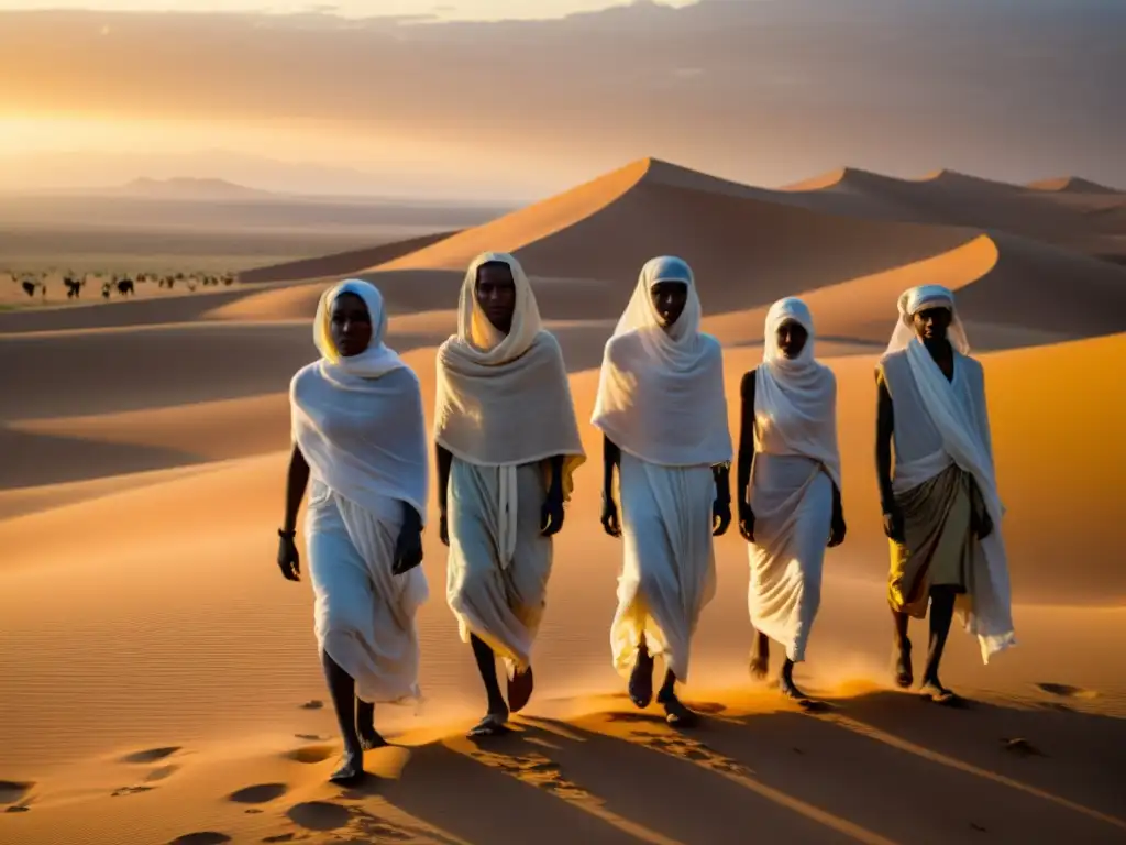 Espíritus errantes en el desierto etíope: figuras etéreas con expresiones de añoranza, envueltas en luz dorada