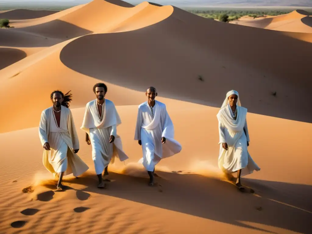 Espíritus errantes en el desierto Etíope, figuras etéreas entre las dunas, radiantes bajo el sol