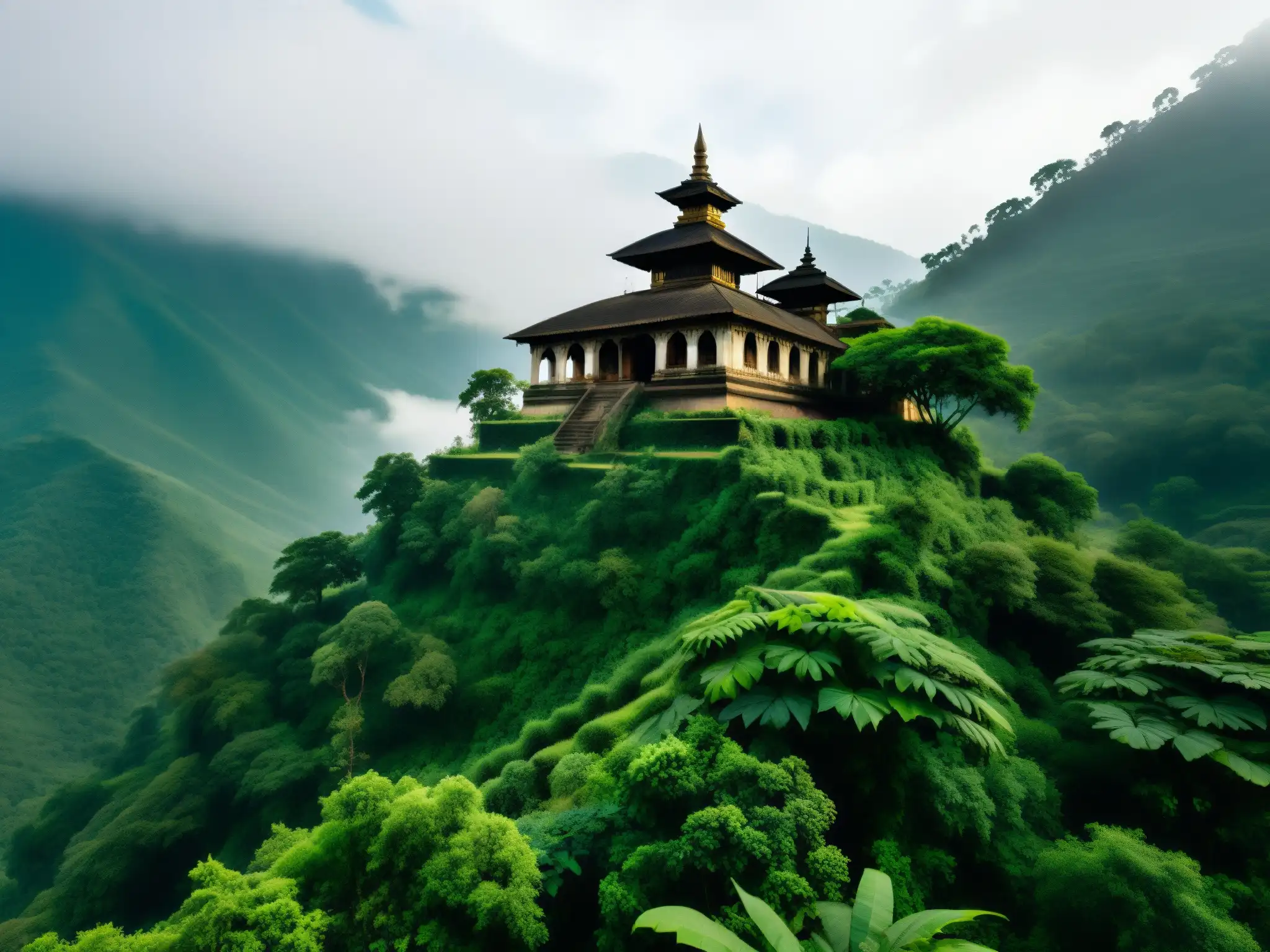 Espíritus errantes: templo antiguo envuelto en niebla en las montañas de Nepal