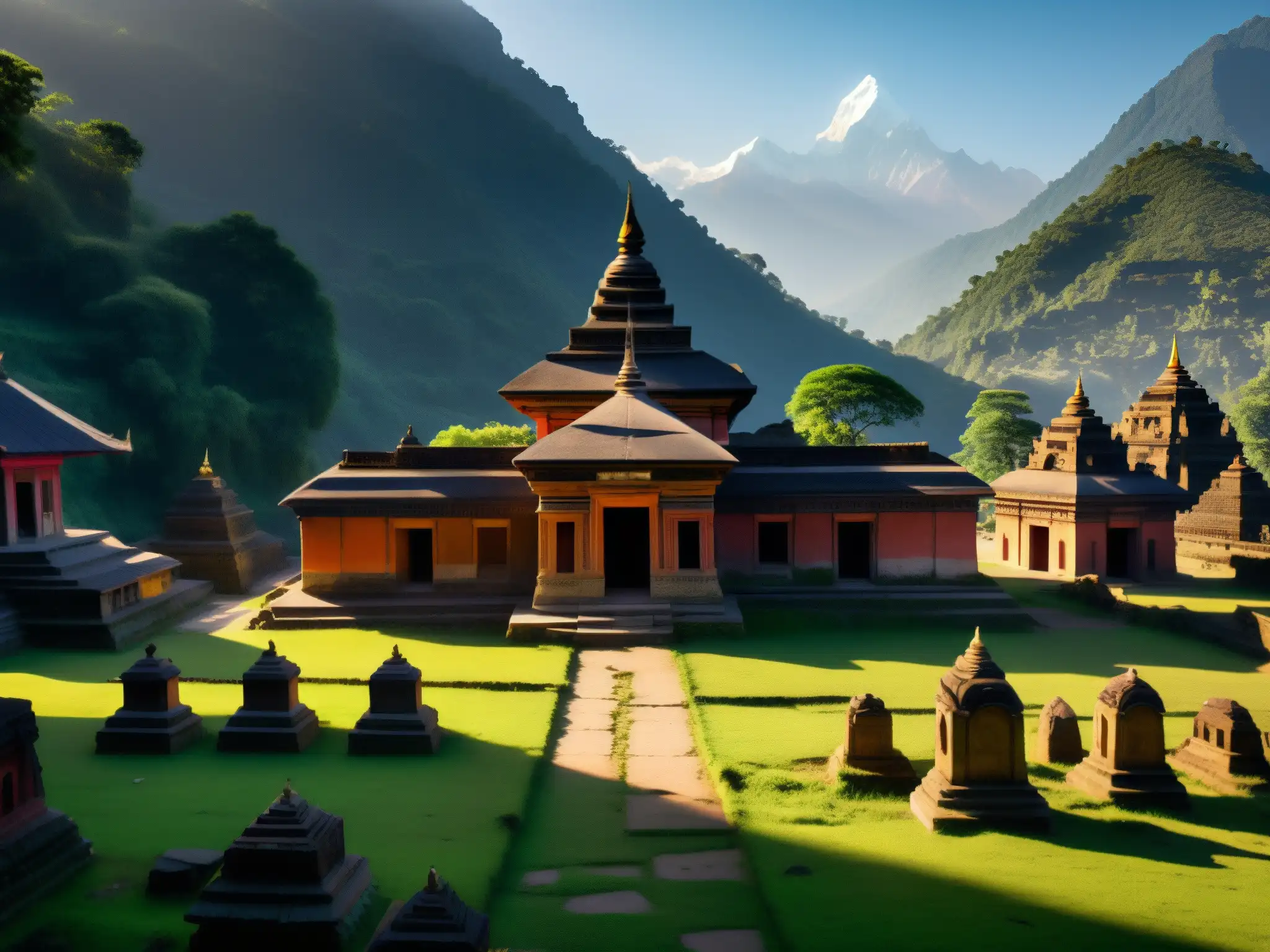 Espíritus errantes entre templos abandonados en Nepal: ruinas antiguas iluminadas por la luz del atardecer en la neblina de las montañas