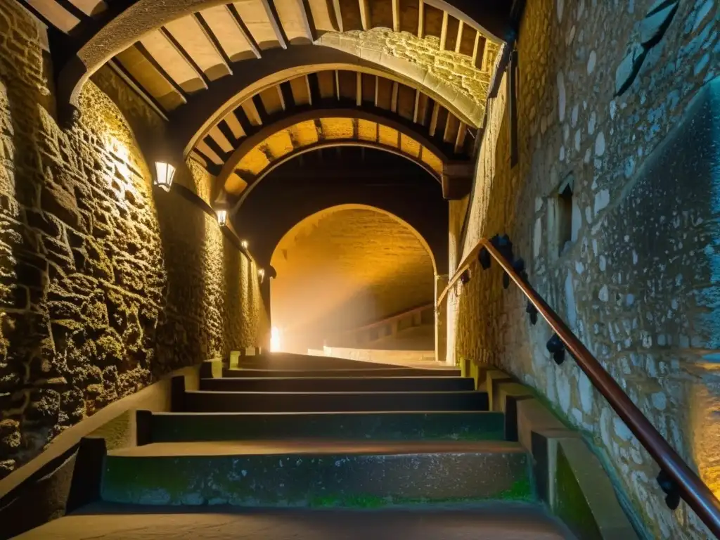 Escalera en penumbra de la Torre de Londres, con antorchas y sombras, evocando leyendas urbanas